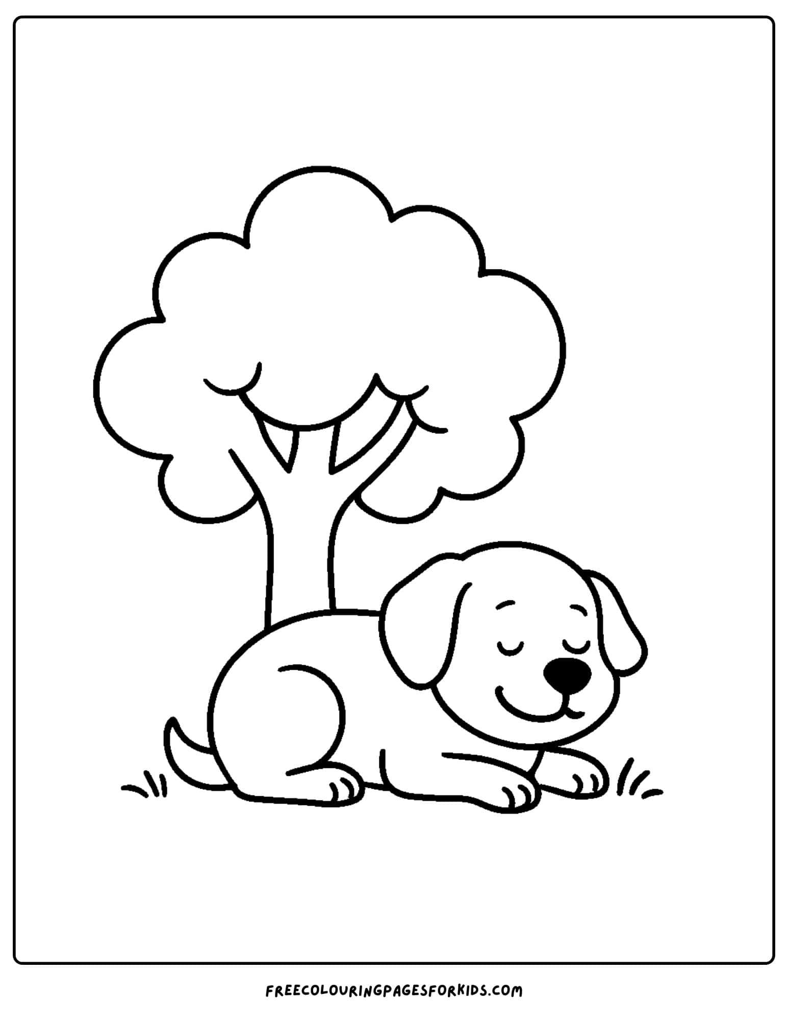 a dog themed coloring page featuring a dog sleeping happily under the shade of a tree