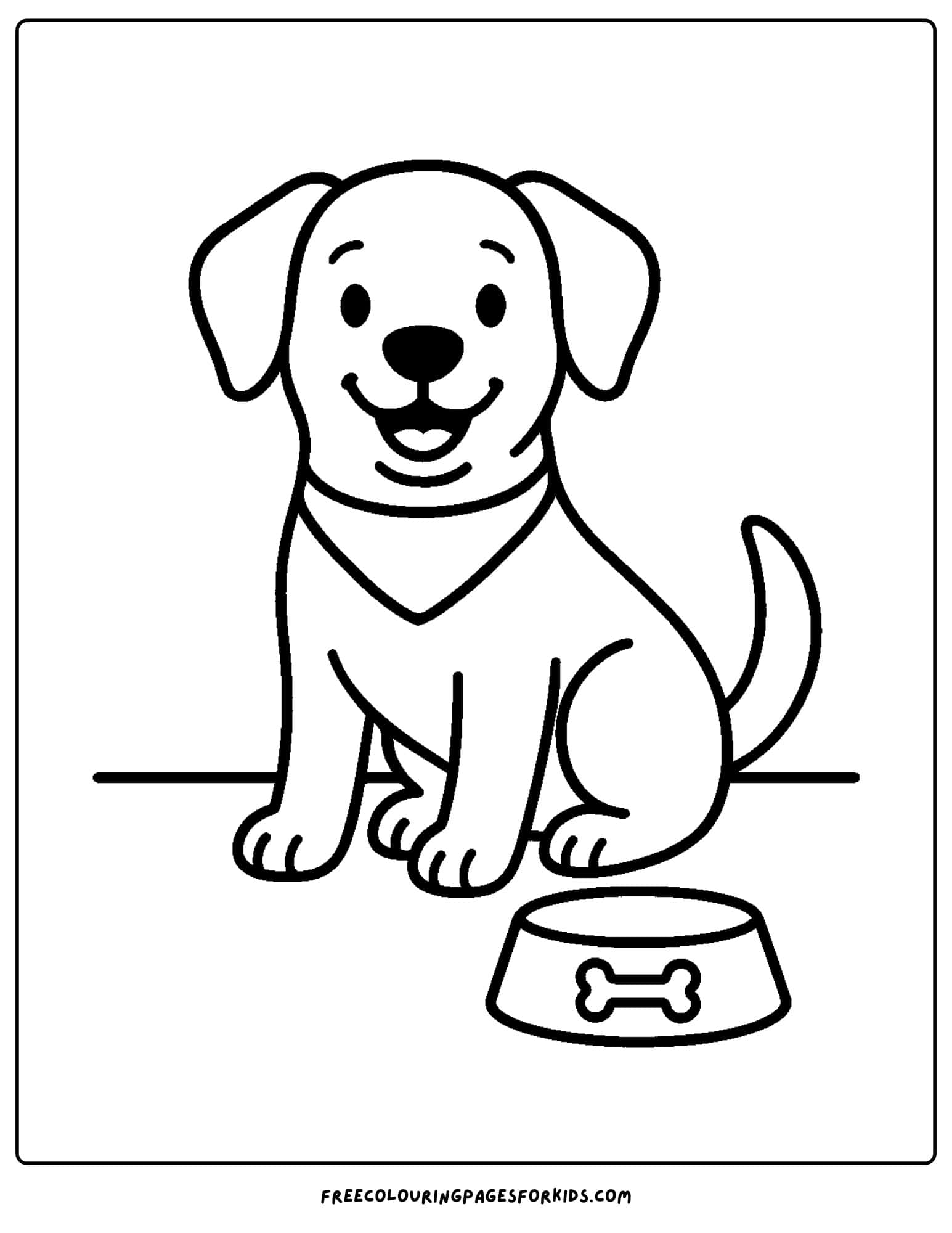 a dog themed coloring page featuring a dog sitting behind its food bowl on the ground