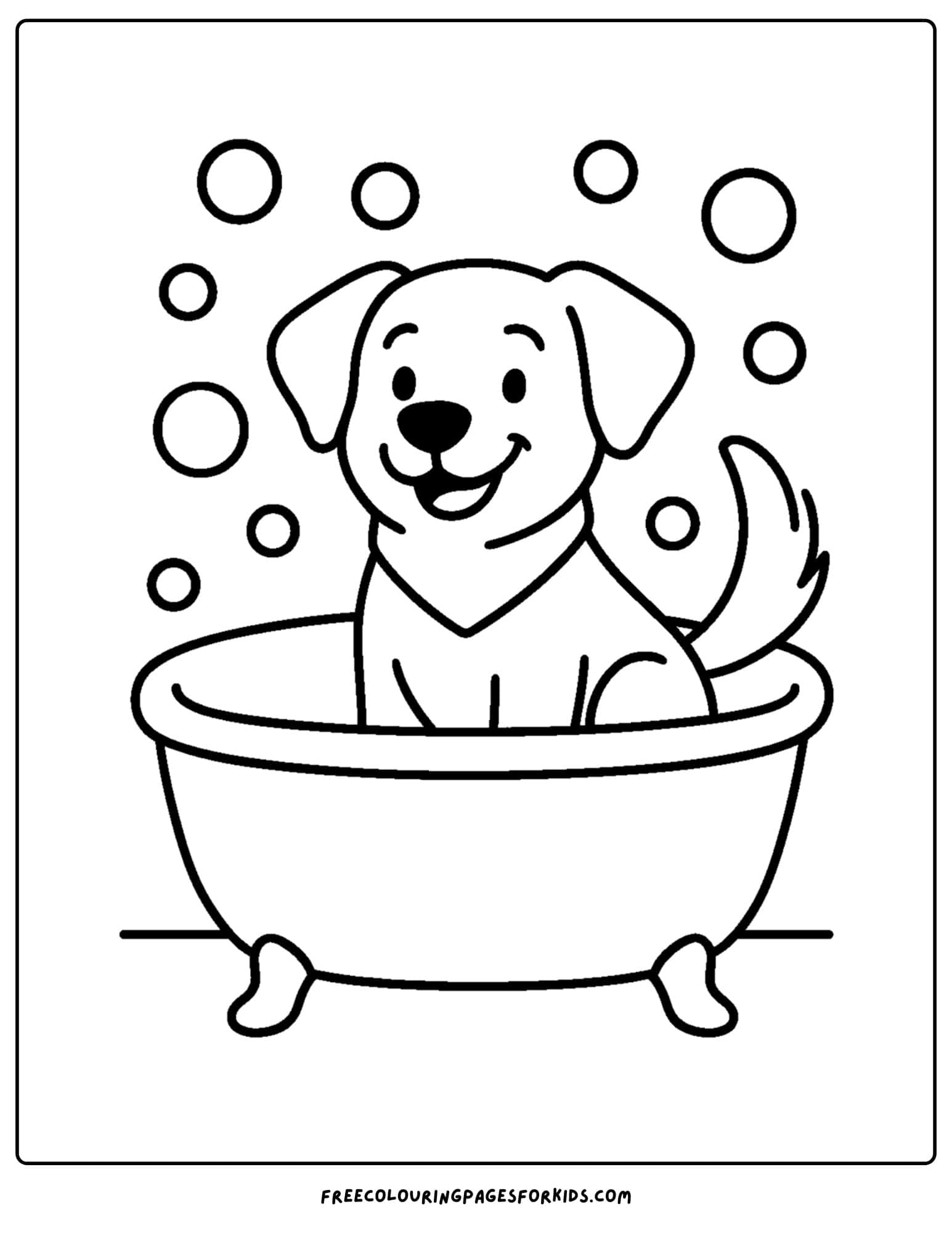 a dog themed coloring page featuring a dog having a bubble bath with bubbles floating up into the air