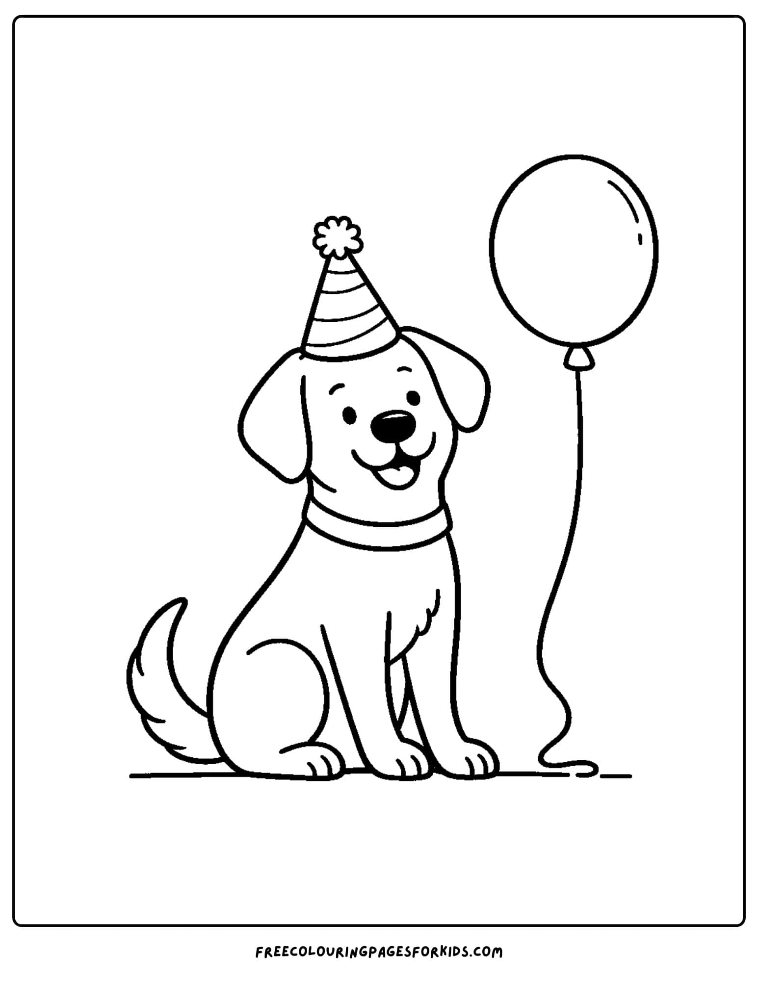 a dog themed coloring page featuring a dog sitting and wearing a party hat with a balloon floating beside him