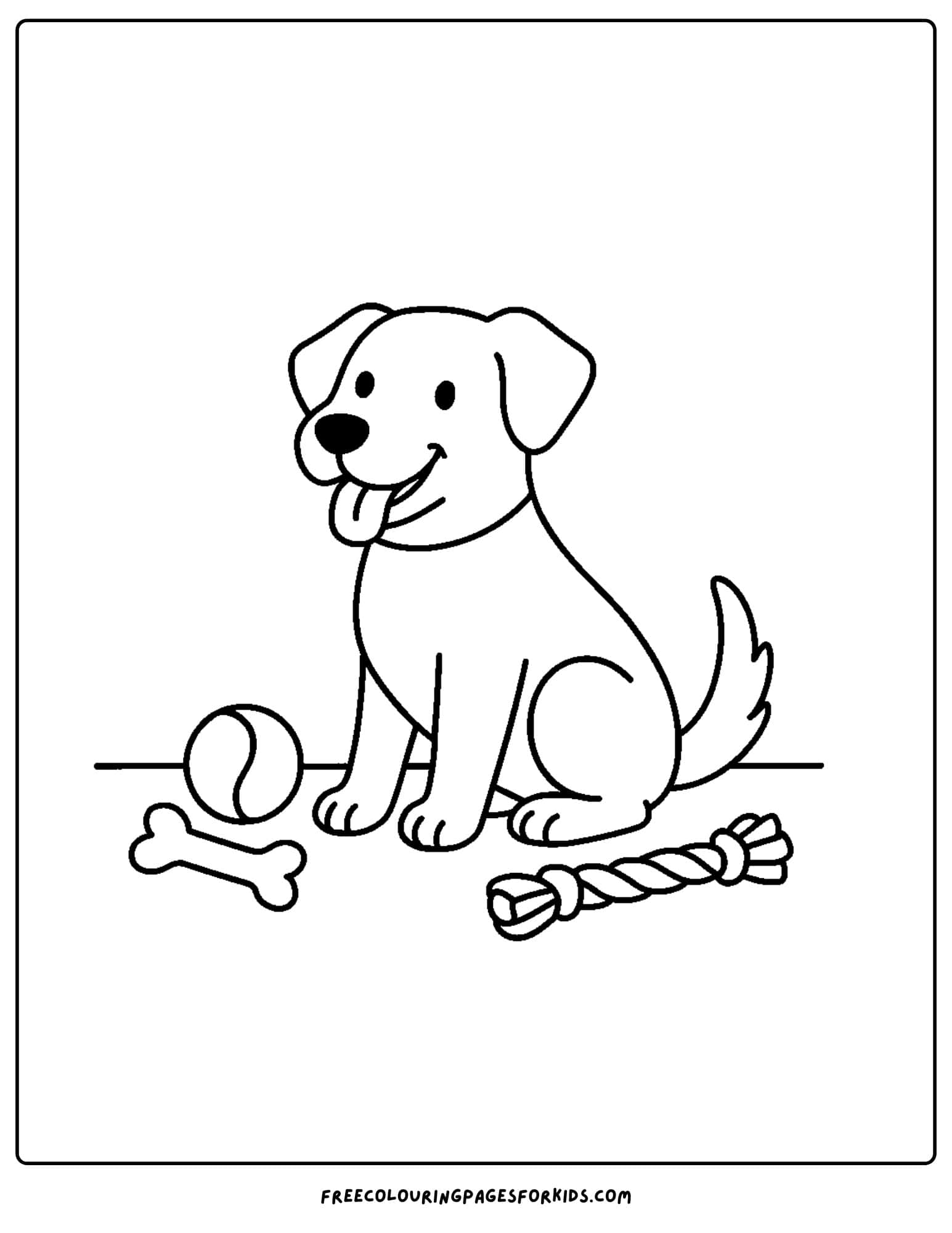a dog themed coloring page featuring a dog sitting with its favorite toys at its feet such as ga ball and bone