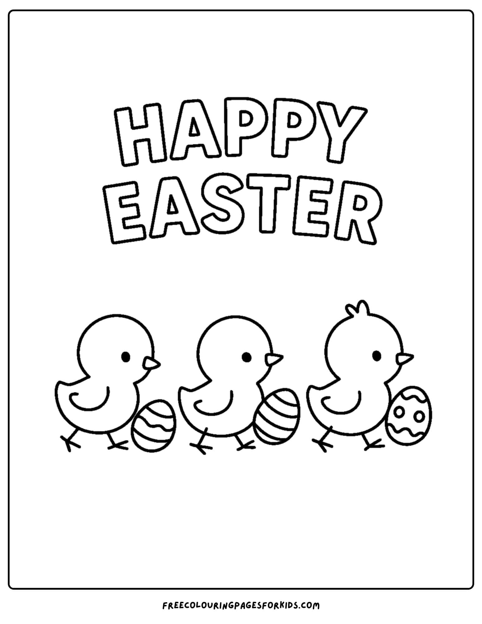 an easter themed coloring page featuring 3 little chicks with easter eggs