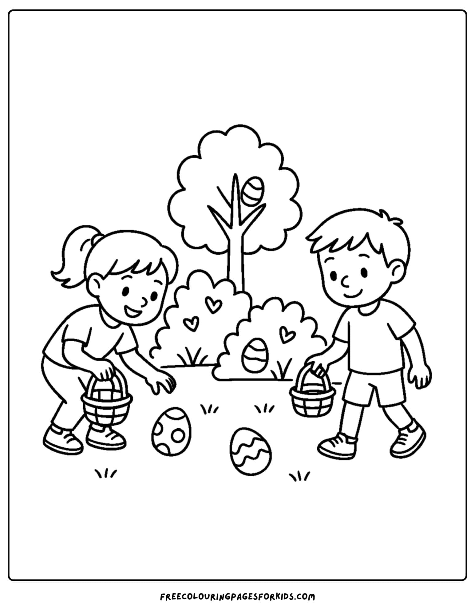 an easter themed coloring page featuring children on a backyard easter egg hunt