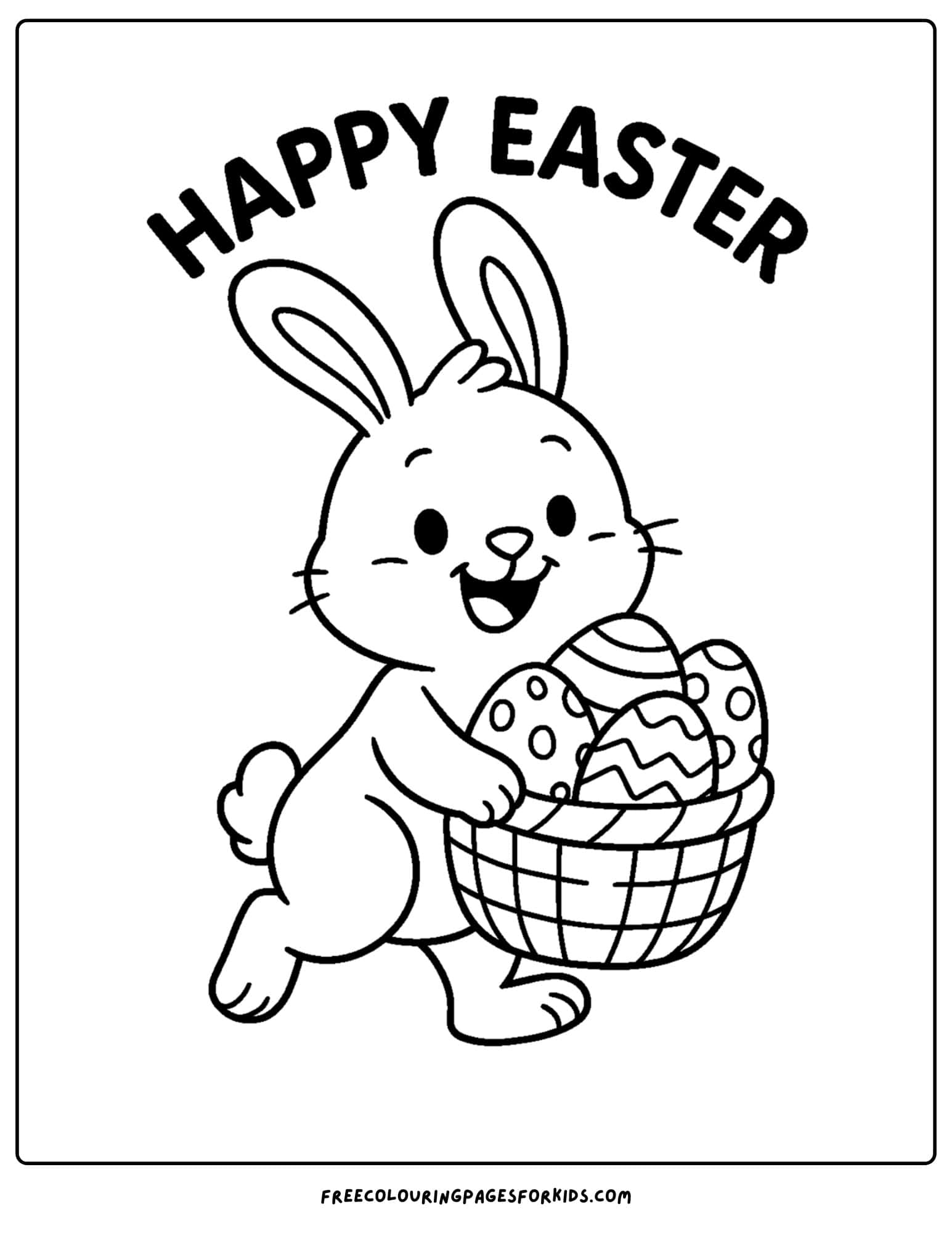 an easter themed coloring page featuring a bunny carrying a basket of easter eggs
