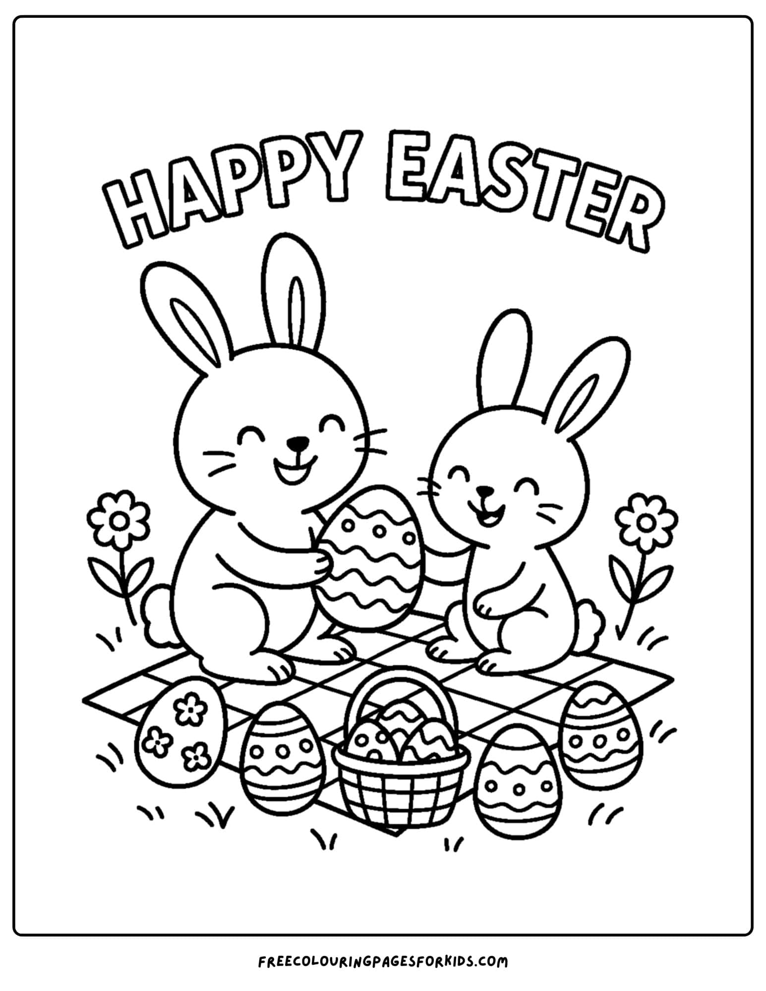 an easter themed coloring page featuring a bunny family having an easter picnic