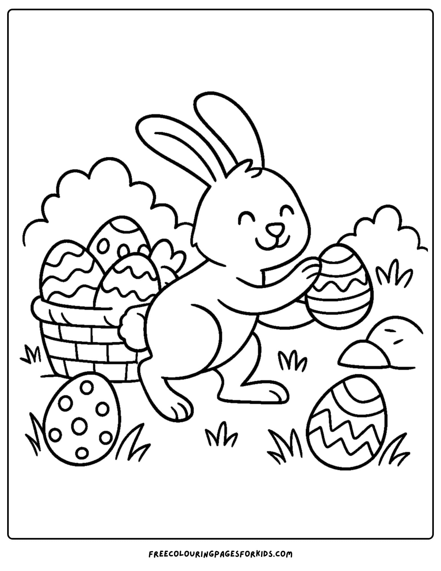 an easter themed coloring page featuring a bunny hiding easter eggs