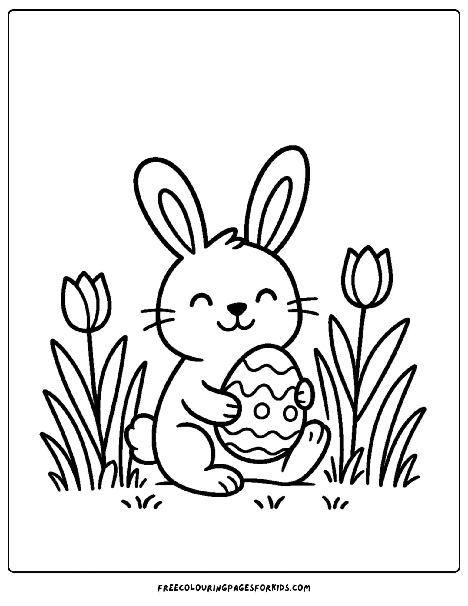 an easter themed coloring page featuring the easter bunny with a big easter egg next to a tulip