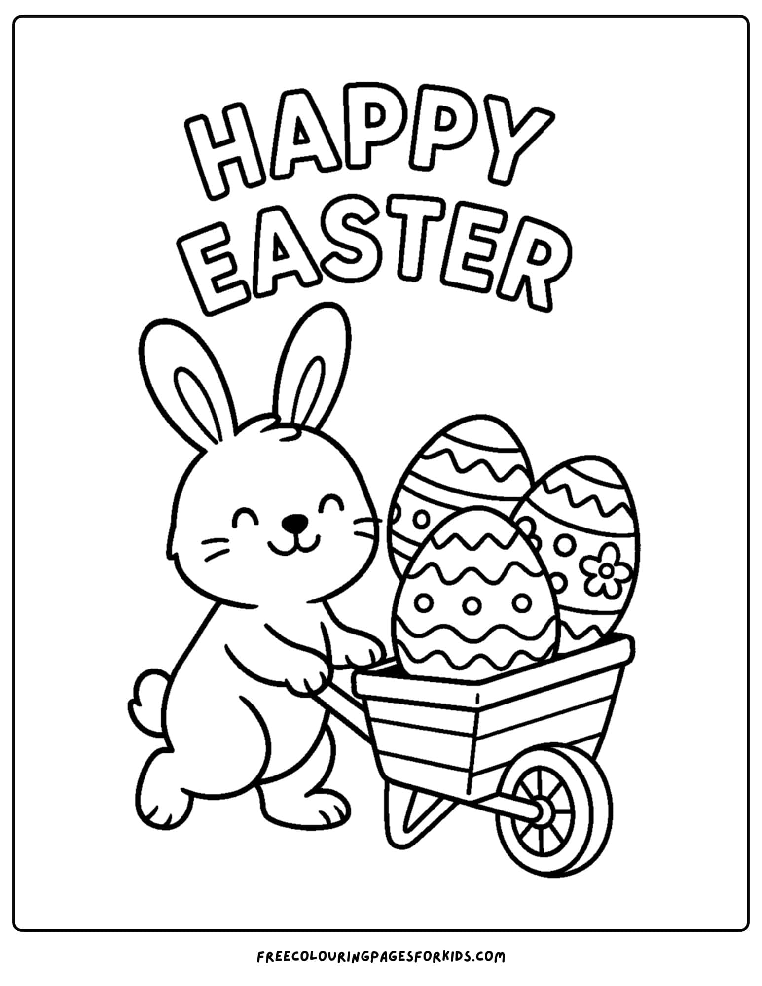 an easter themed coloring page featuring a bunny pushing a wheelbarrow full of easter eggs