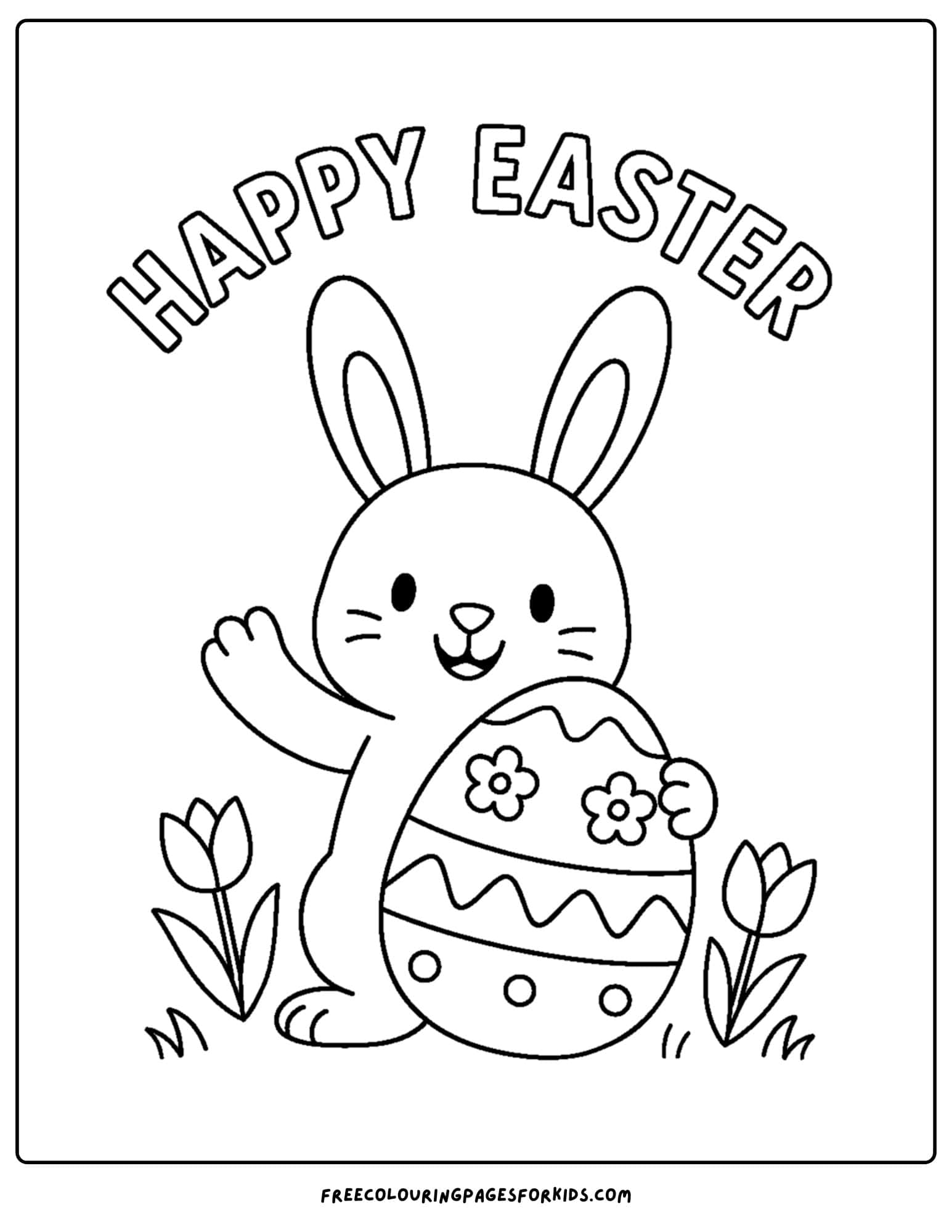 an easter themed coloring page featuring the easter bunny waving while holding an easter egg