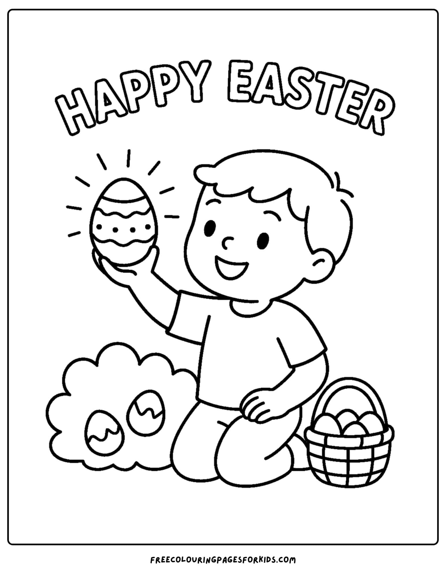 an easter themed coloring page featuring a child finding a special easter egg in a bush