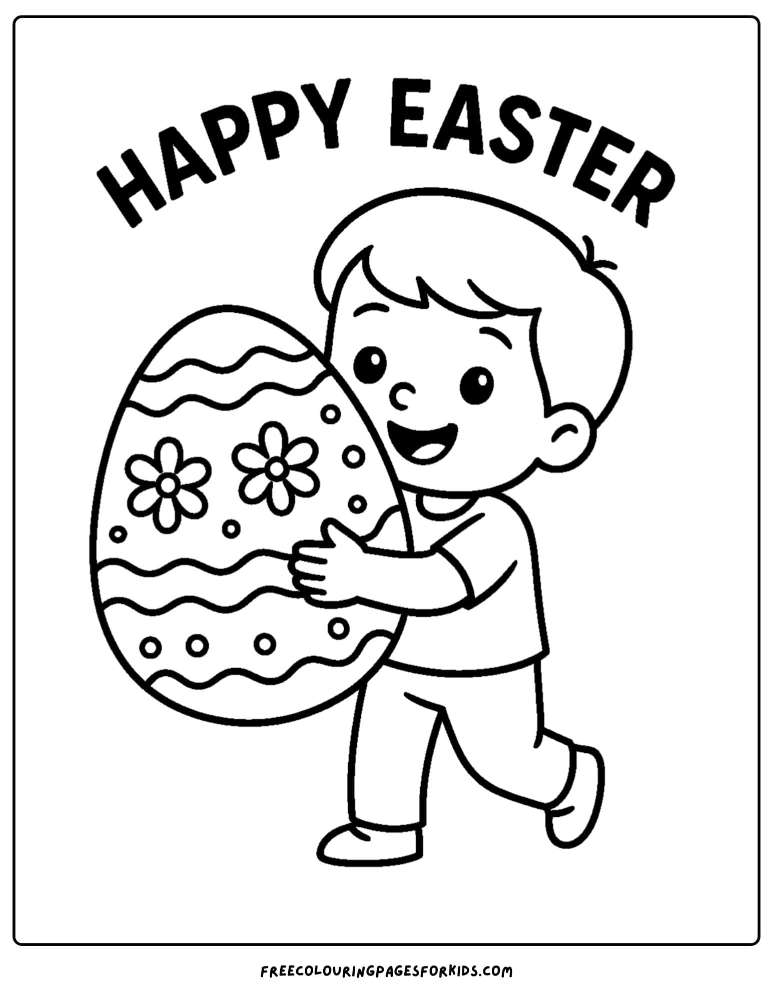 an easter themed coloring page featuring a boy carrying a large easter egg
