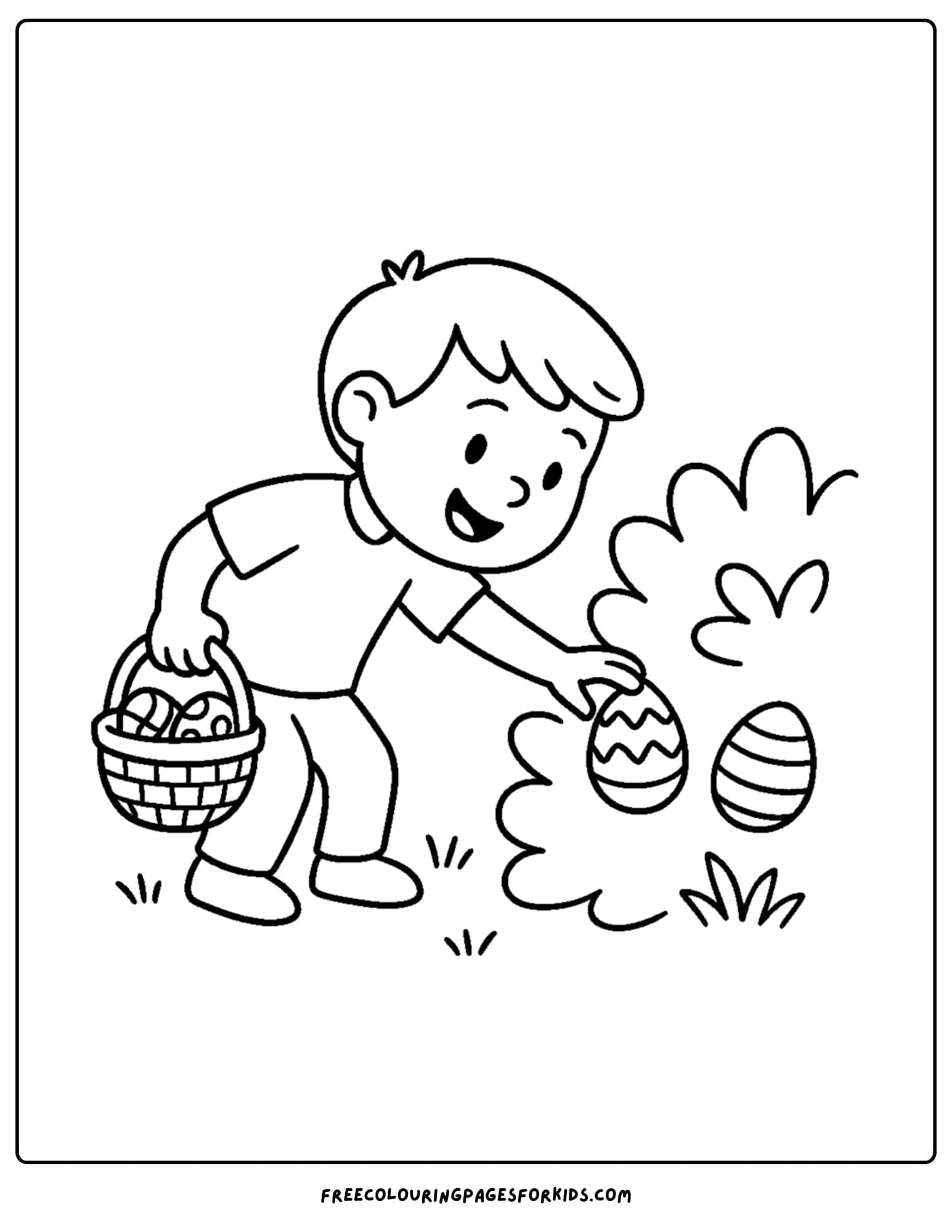 an easter themed coloring page featuring a kid finding easter eggs in a bush