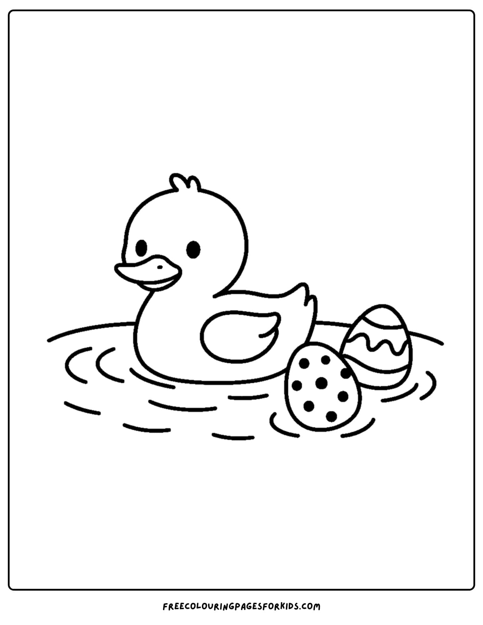 an easter themed coloring page featuring a duckling floating in a pond with easter eggs