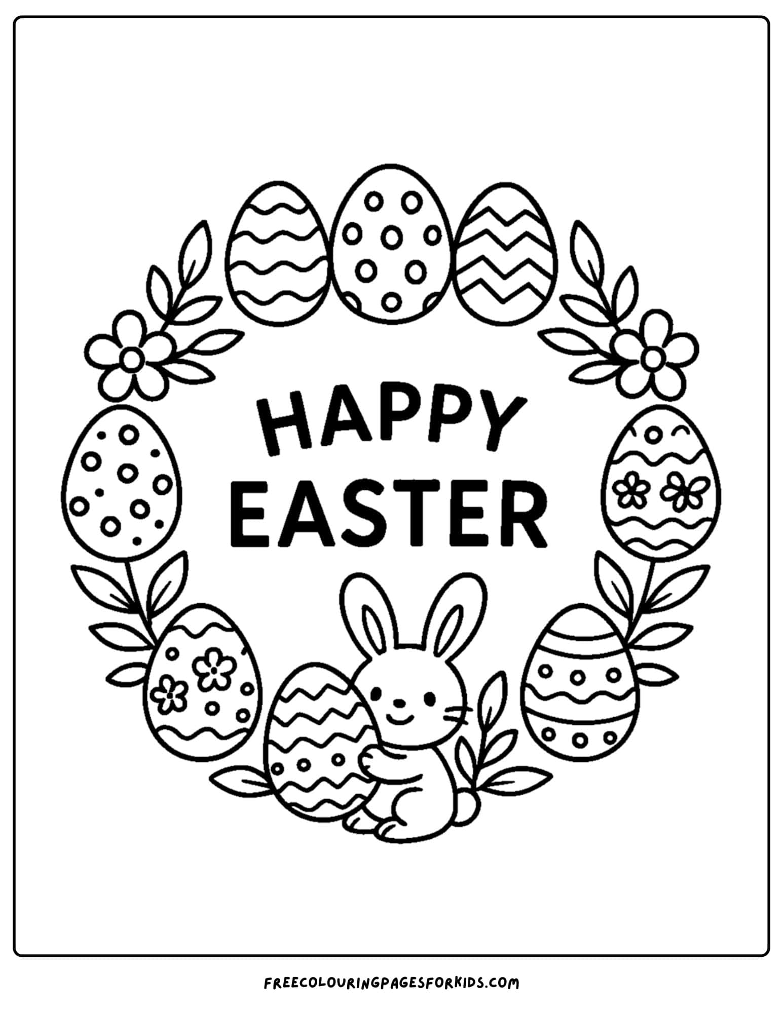 an easter themed coloring page featuring a decorative easter egg wreath