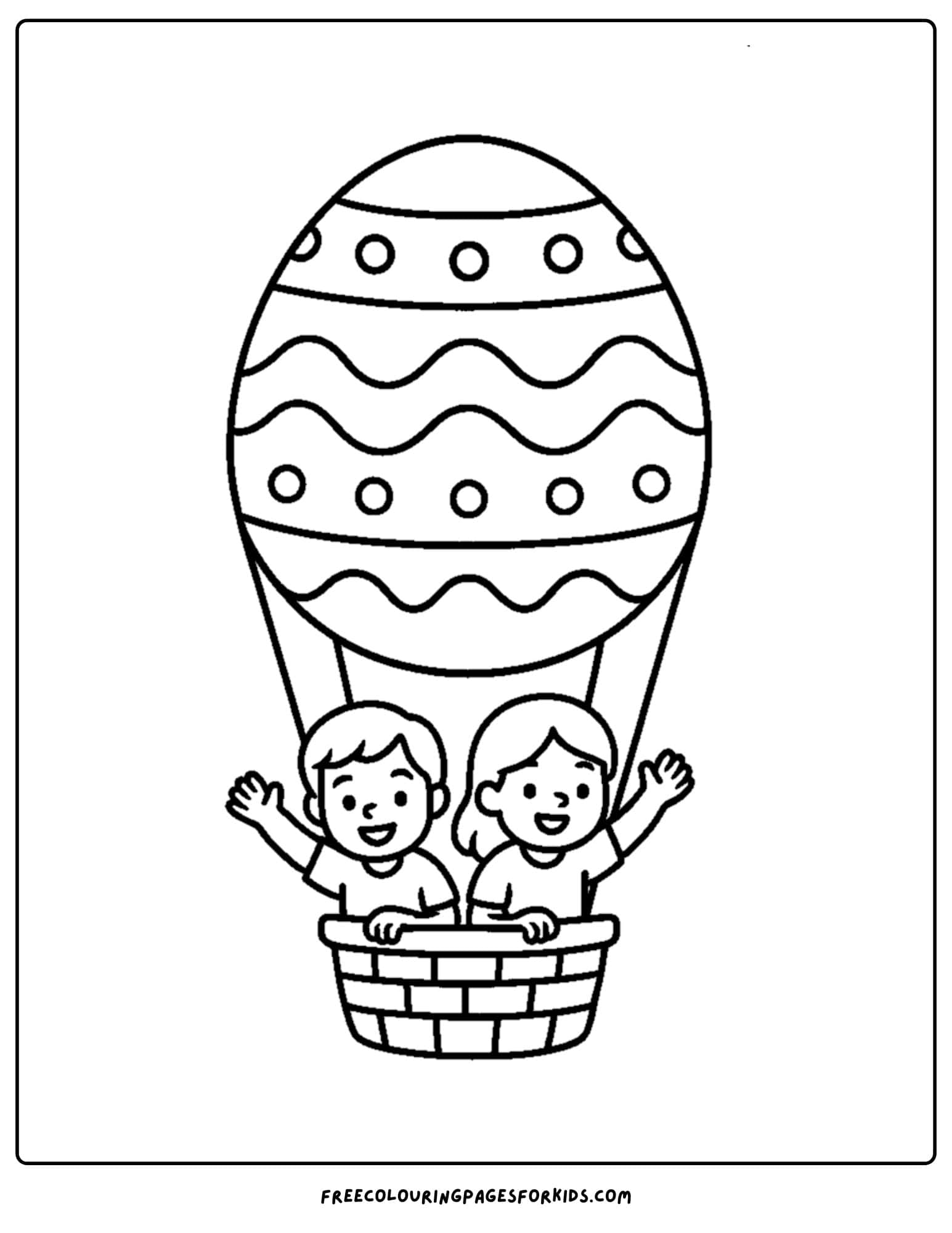 an easter themed coloring page featuring a hot air balloon decorated as an easter egg