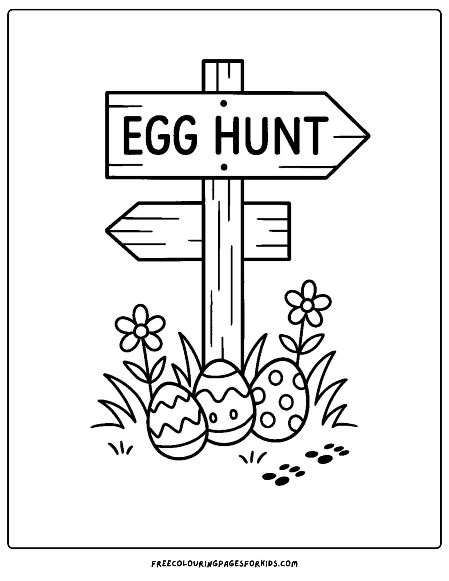 an easter themed coloring page featuring a sign pointing to where the easter egg hunt begins