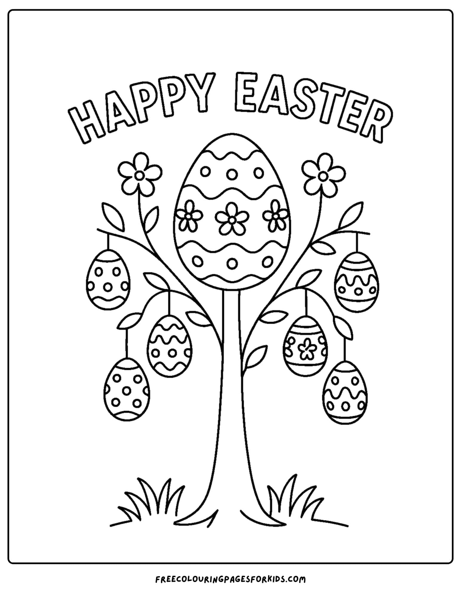 an easter themed coloring page featuring a tree with easter egg ornaments