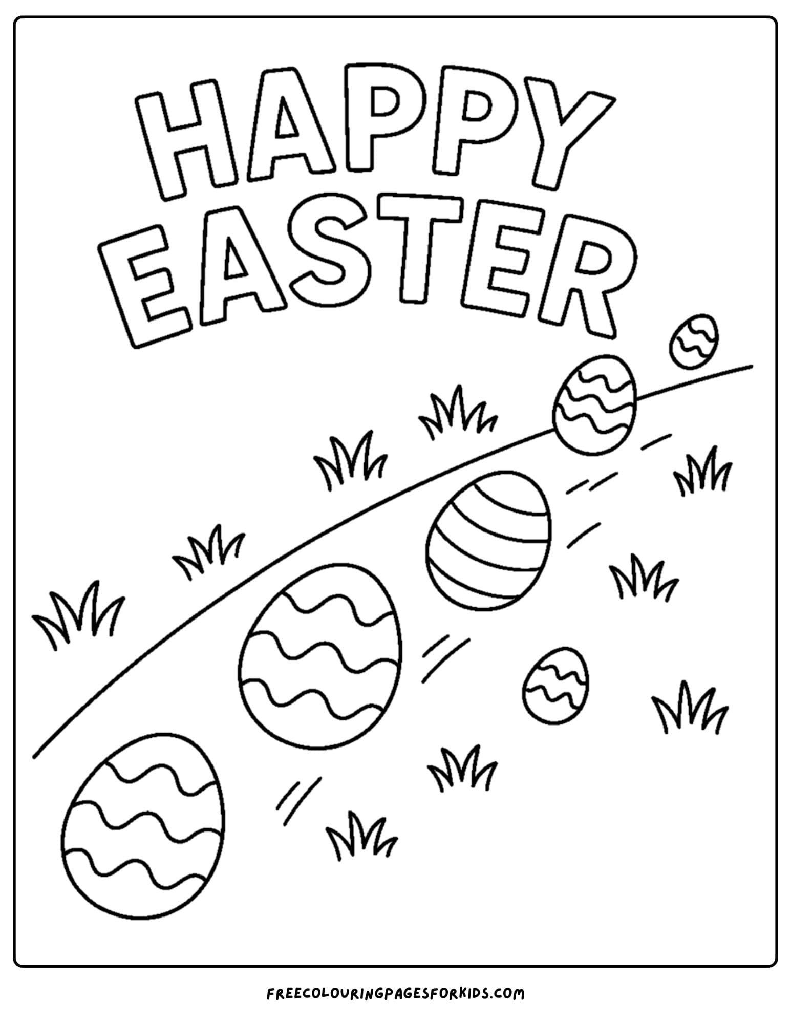 an easter themed coloring page featuring easter eggs rolling down a hill