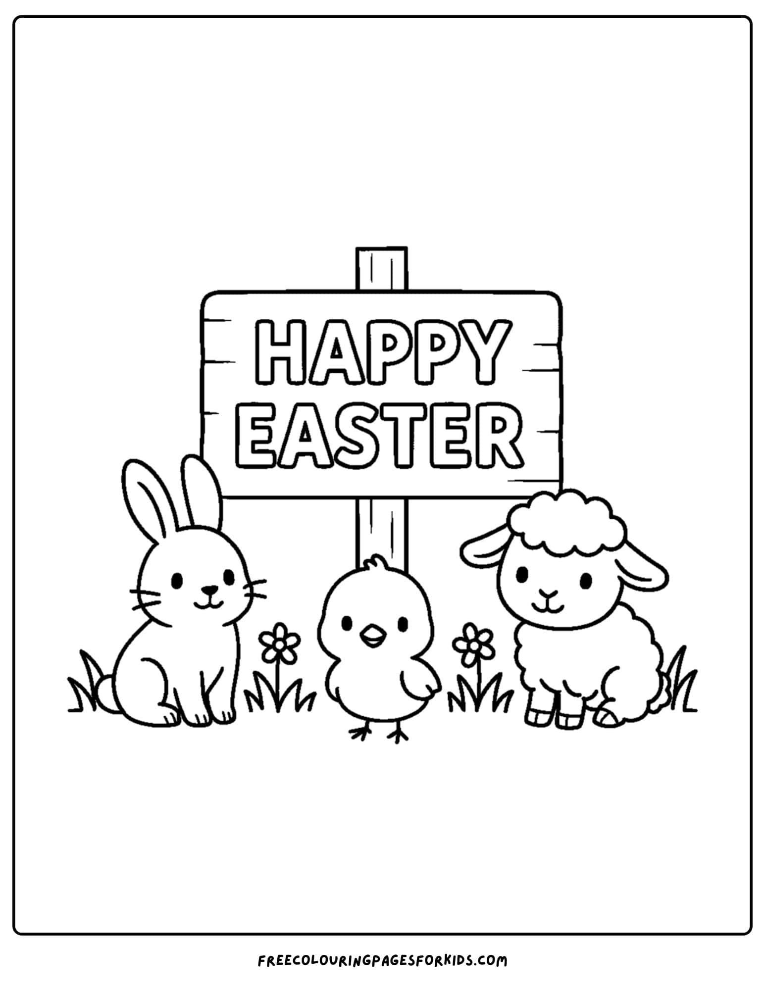 an easter themed coloring page featuring a happy easter sign with animals below it
