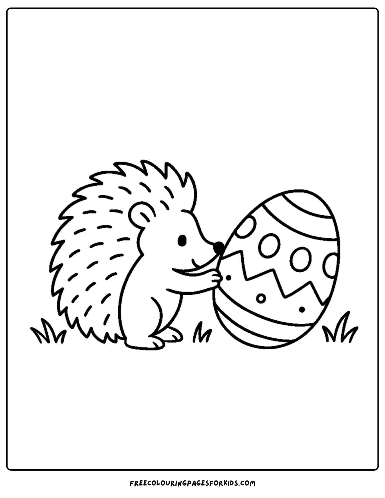 an easter themed coloring page featuring a hedgehog rolling an easter egg along