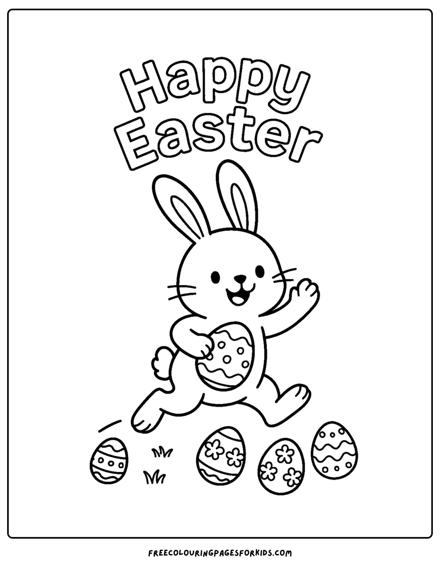 an easter themed coloring page featuring the easter bunny hopping along leaving a trail of easter eggs