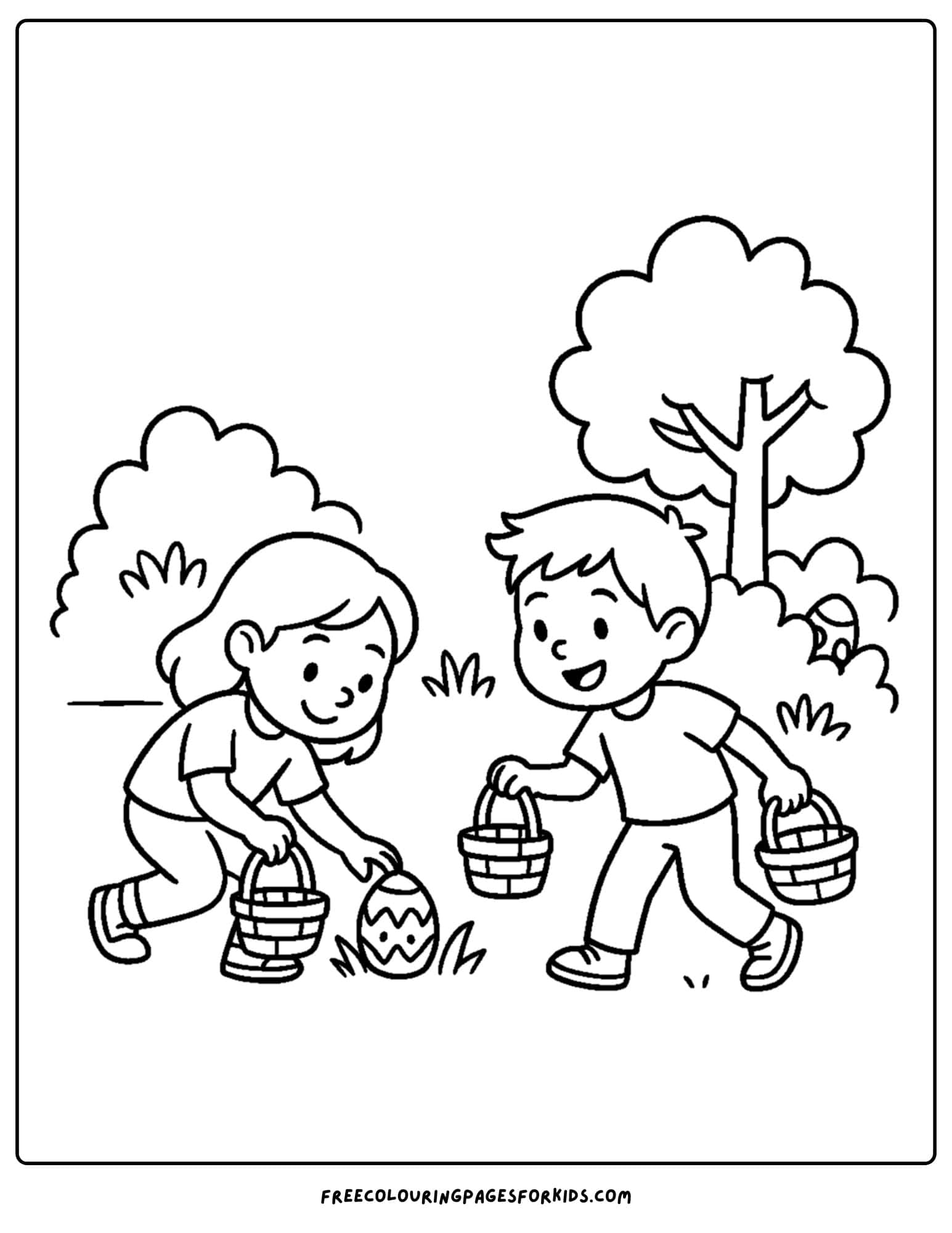 an easter themed coloring page featuring kids finding easter eggs and putting them in their baskets
