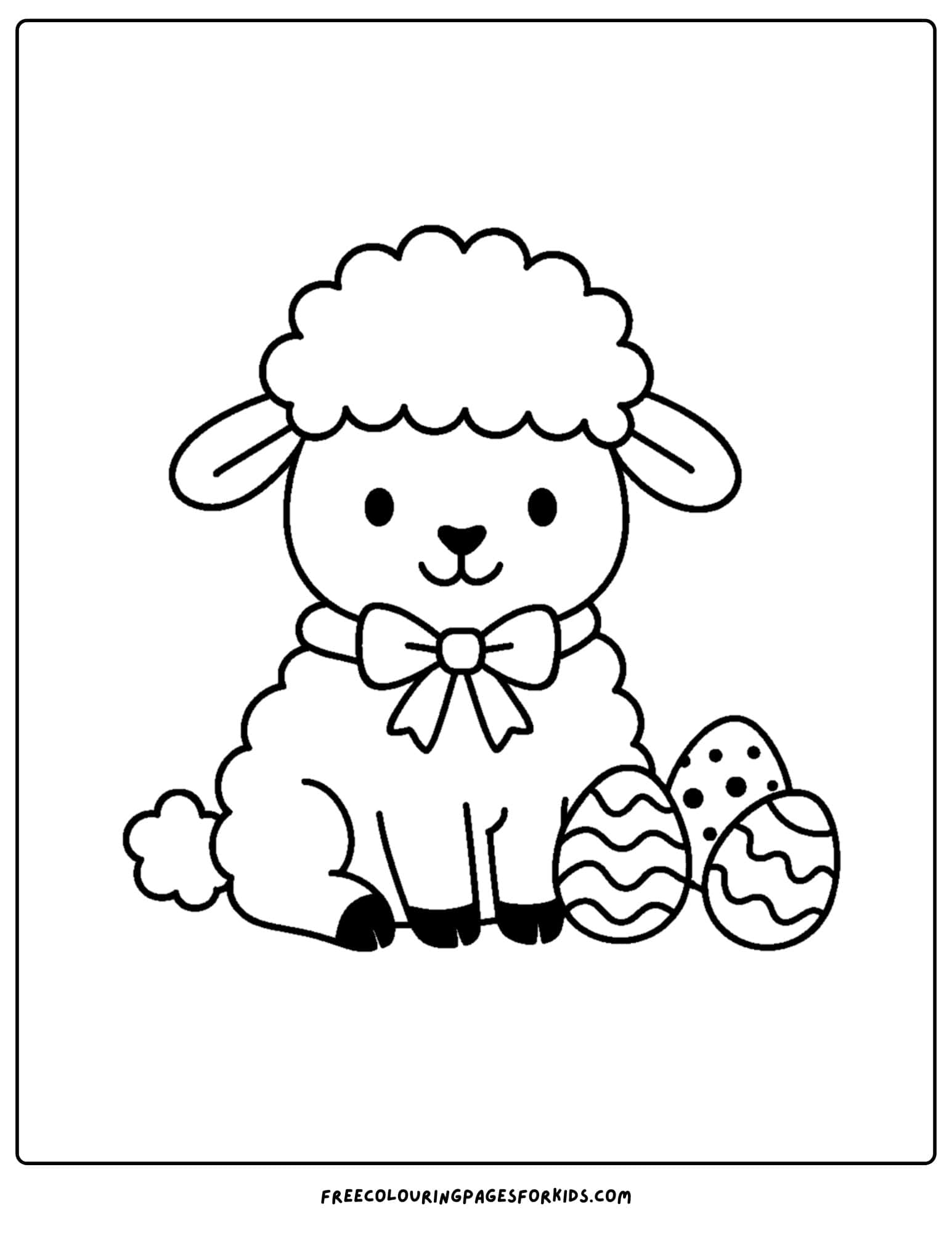 an easter themed coloring page featuring a lamb sitting next to some easter eggs