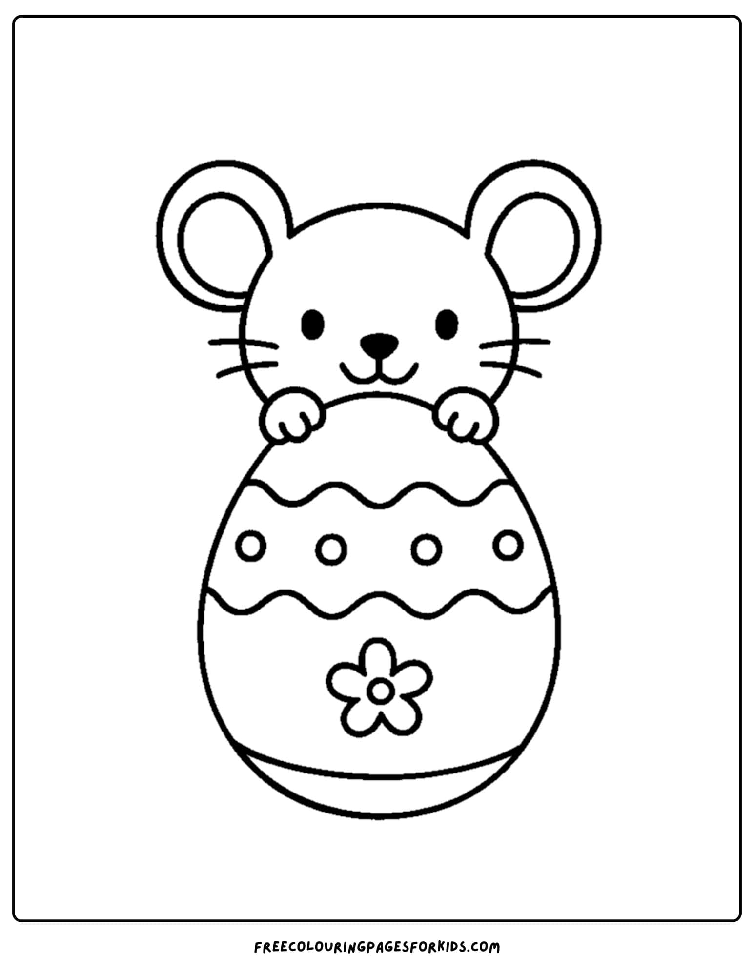 an easter themed coloring page featuring a mouse hiding behind an egg