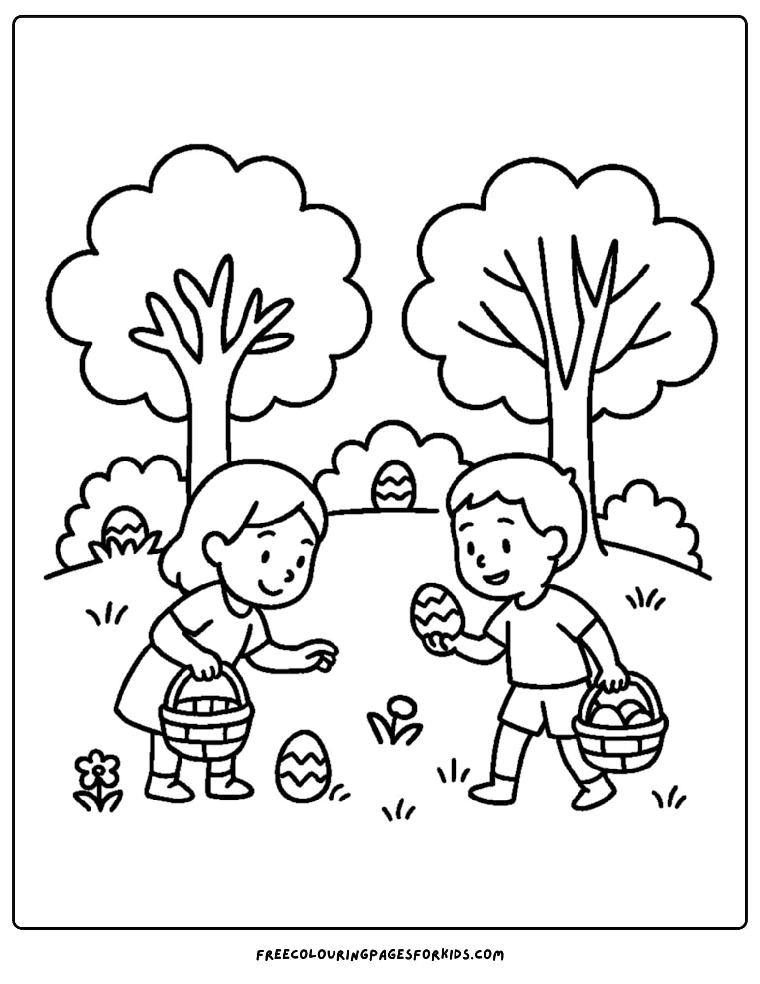 an easter themed coloring page featuring kids on an easter egg hunt in the park
