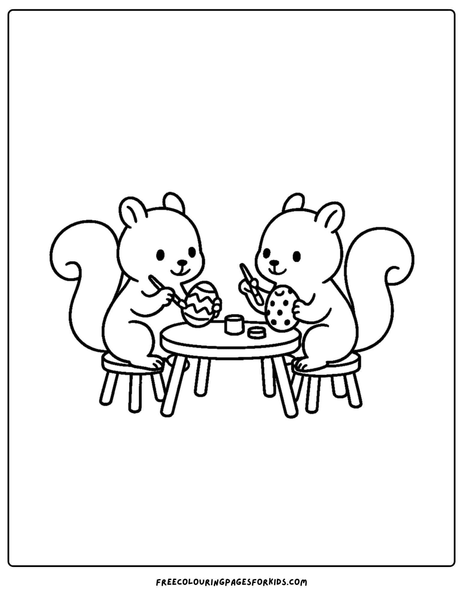 an easter themed coloring page featuring two squirrels painting easter eggs at a table
