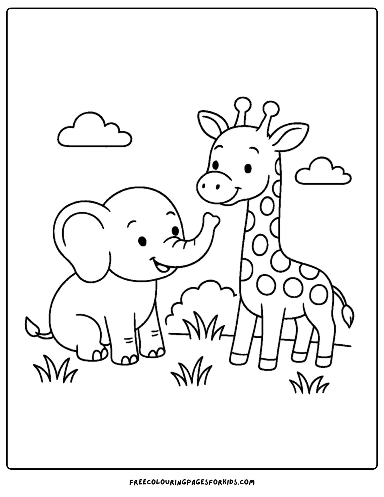 an elephant themed coloring page featuring an elephant and a giraffe together