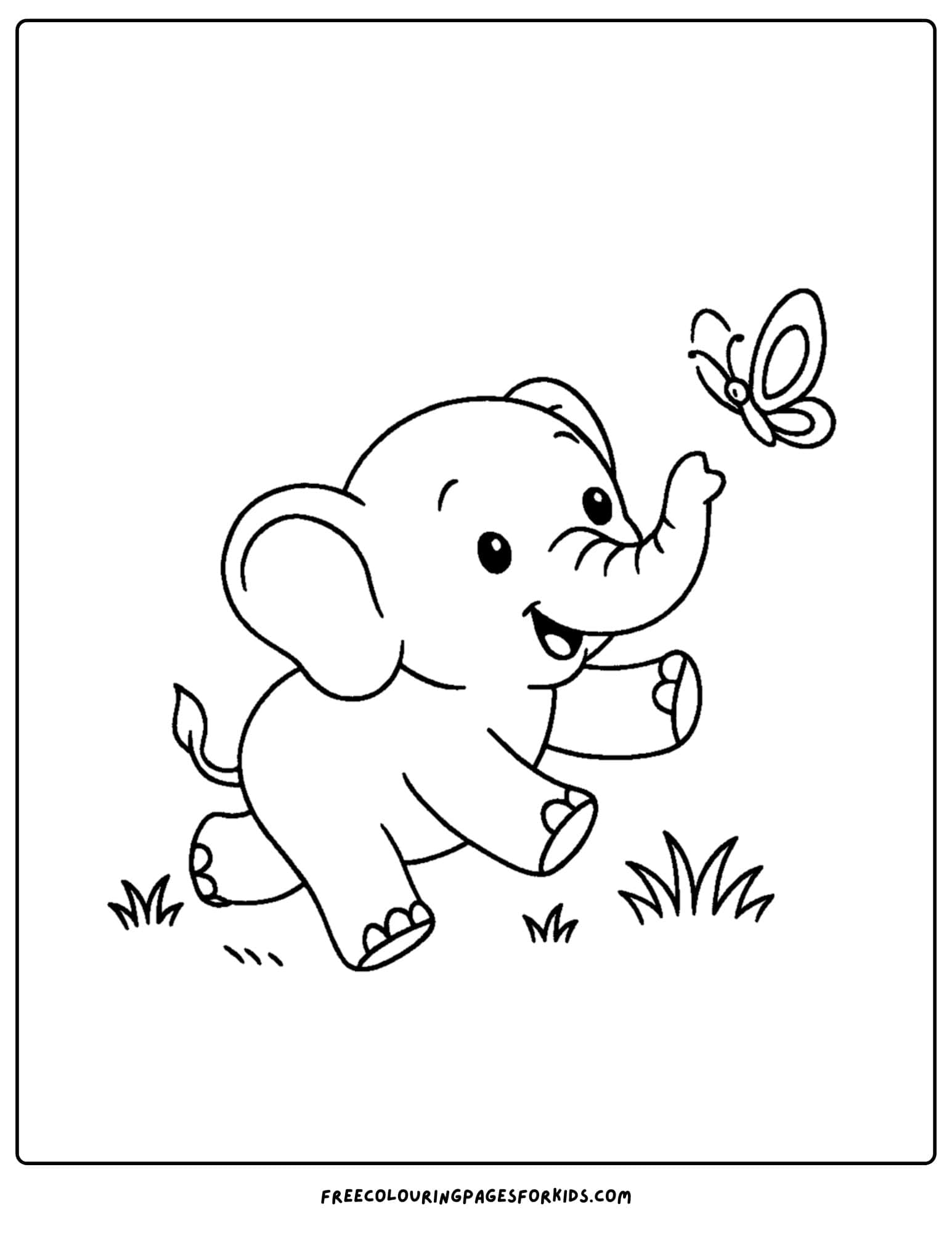 an elephant themed coloring page featuring an elephant chasing a butterfly