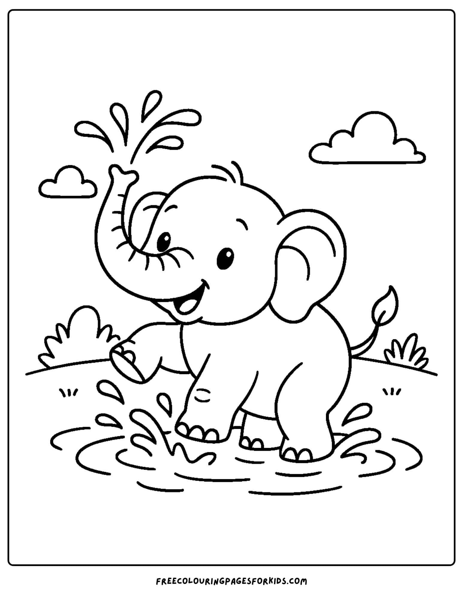 an elephant themed coloring page featuring an elephant baby splashing water