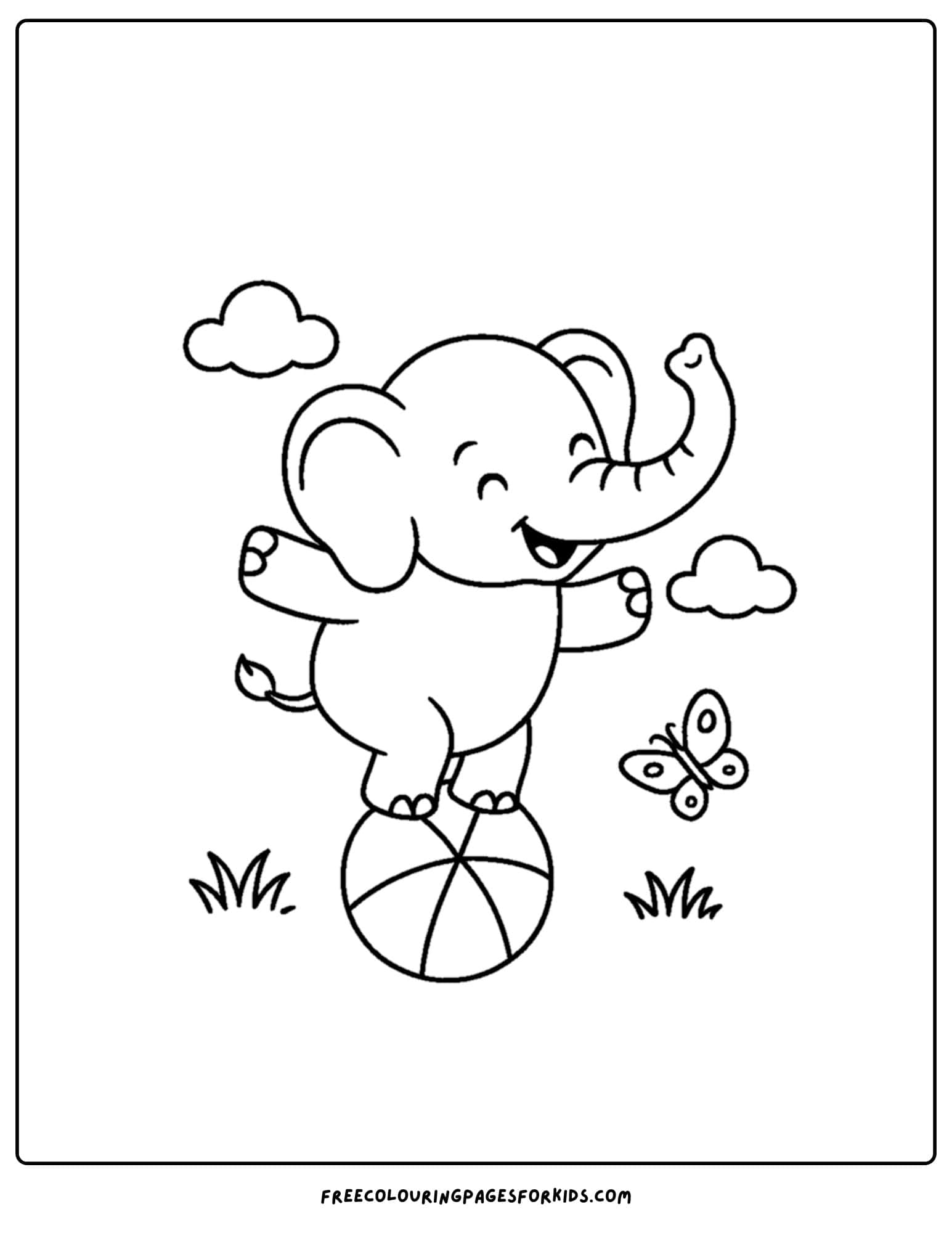 an elephant themed coloring page featuring an elephant balancing on a ball