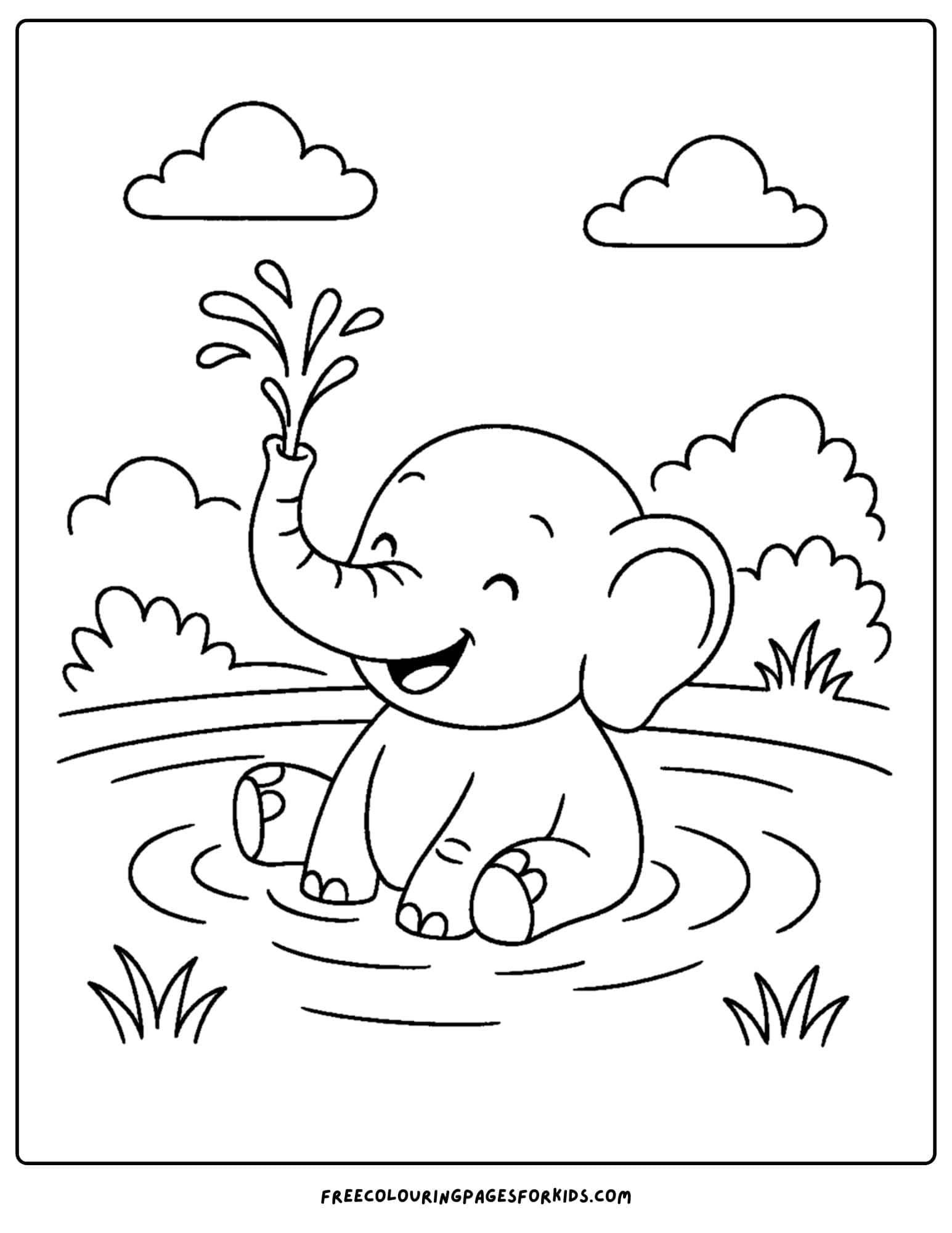 an elephant themed coloring page featuring an elephant having a bath in a river