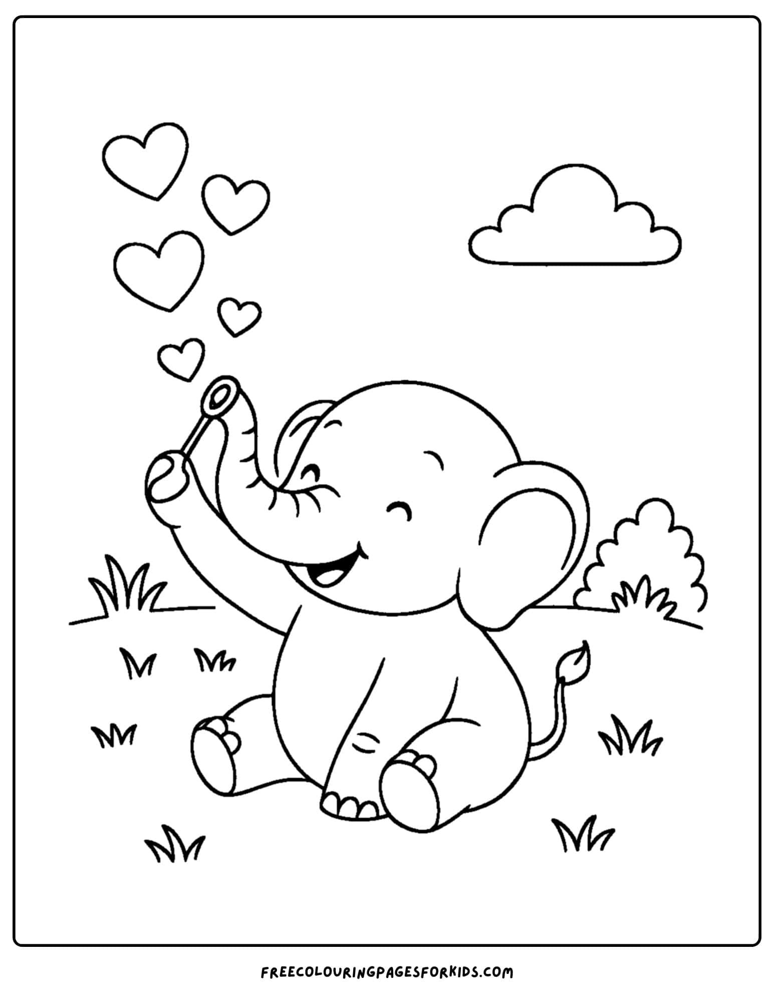 an elephant themed coloring page featuring an elephant blowing heart shaped bubbles
