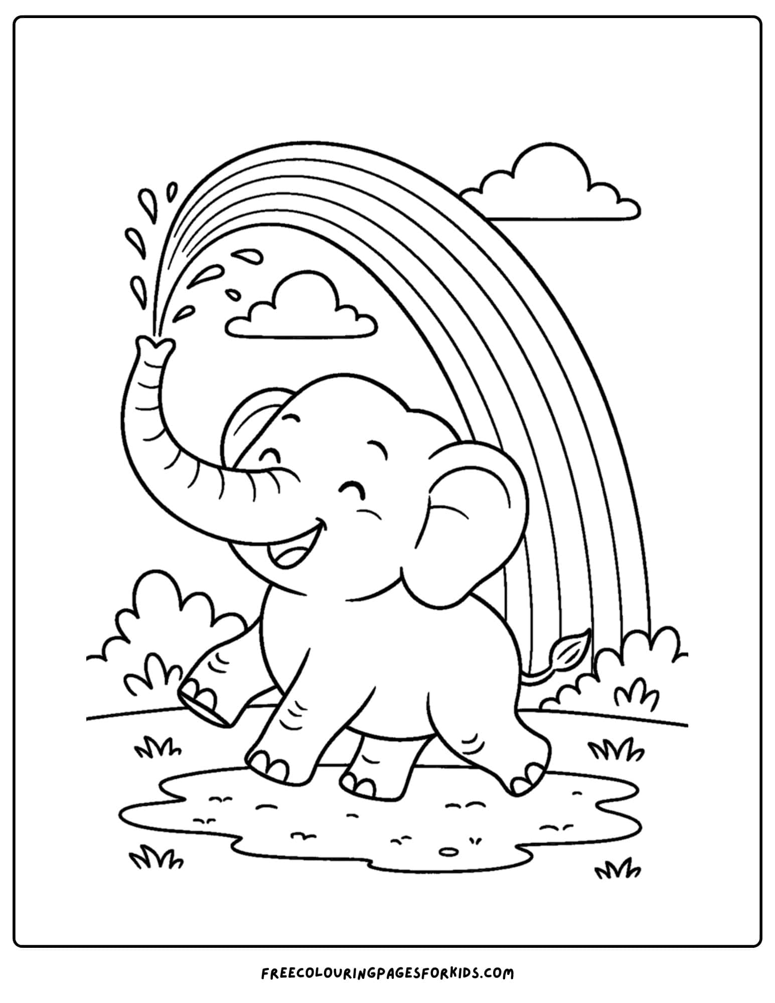 an elephant themed coloring page featuring an elephant blowing water like a rainbow