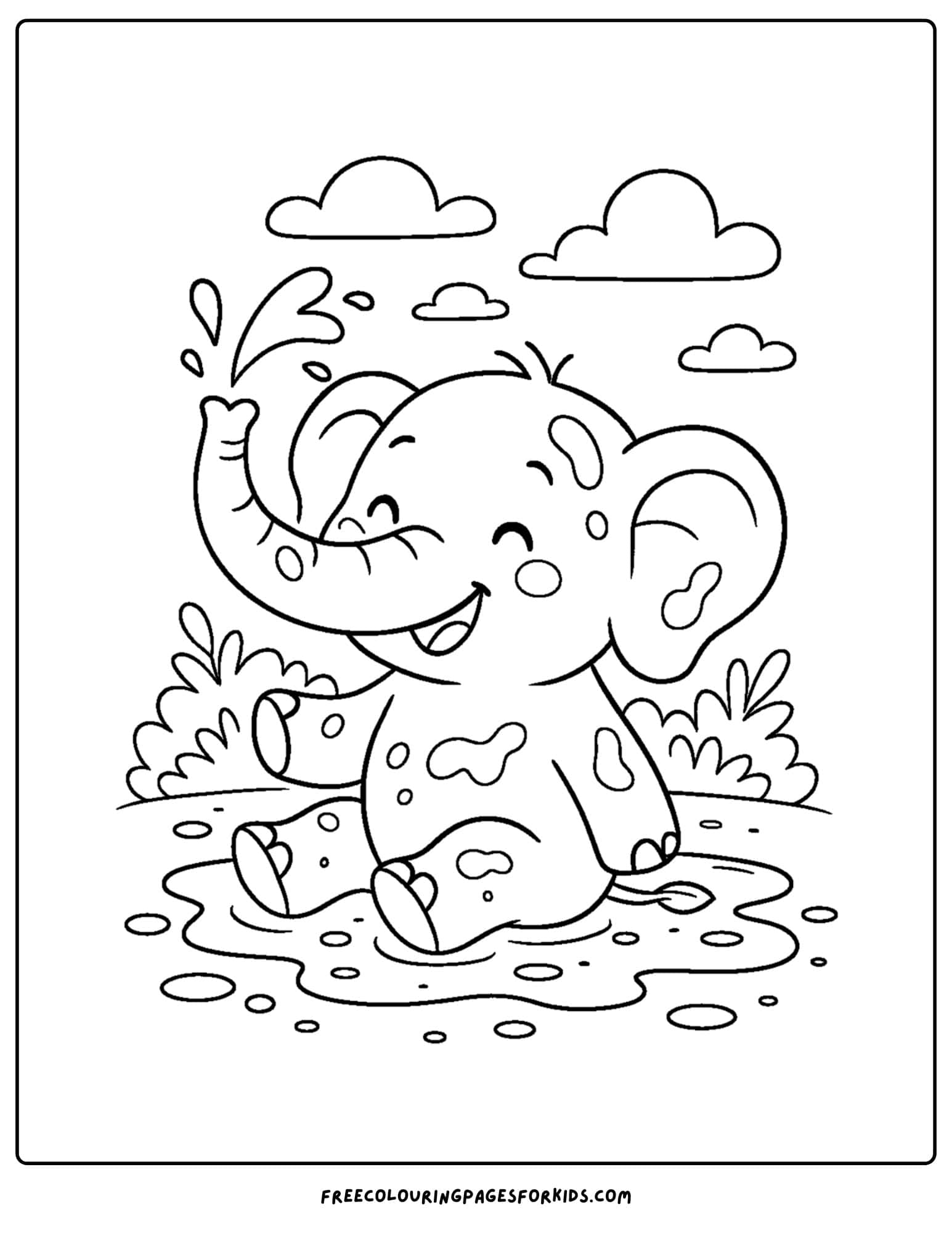 an elephant themed coloring page featuring an elephant splashing in the mud