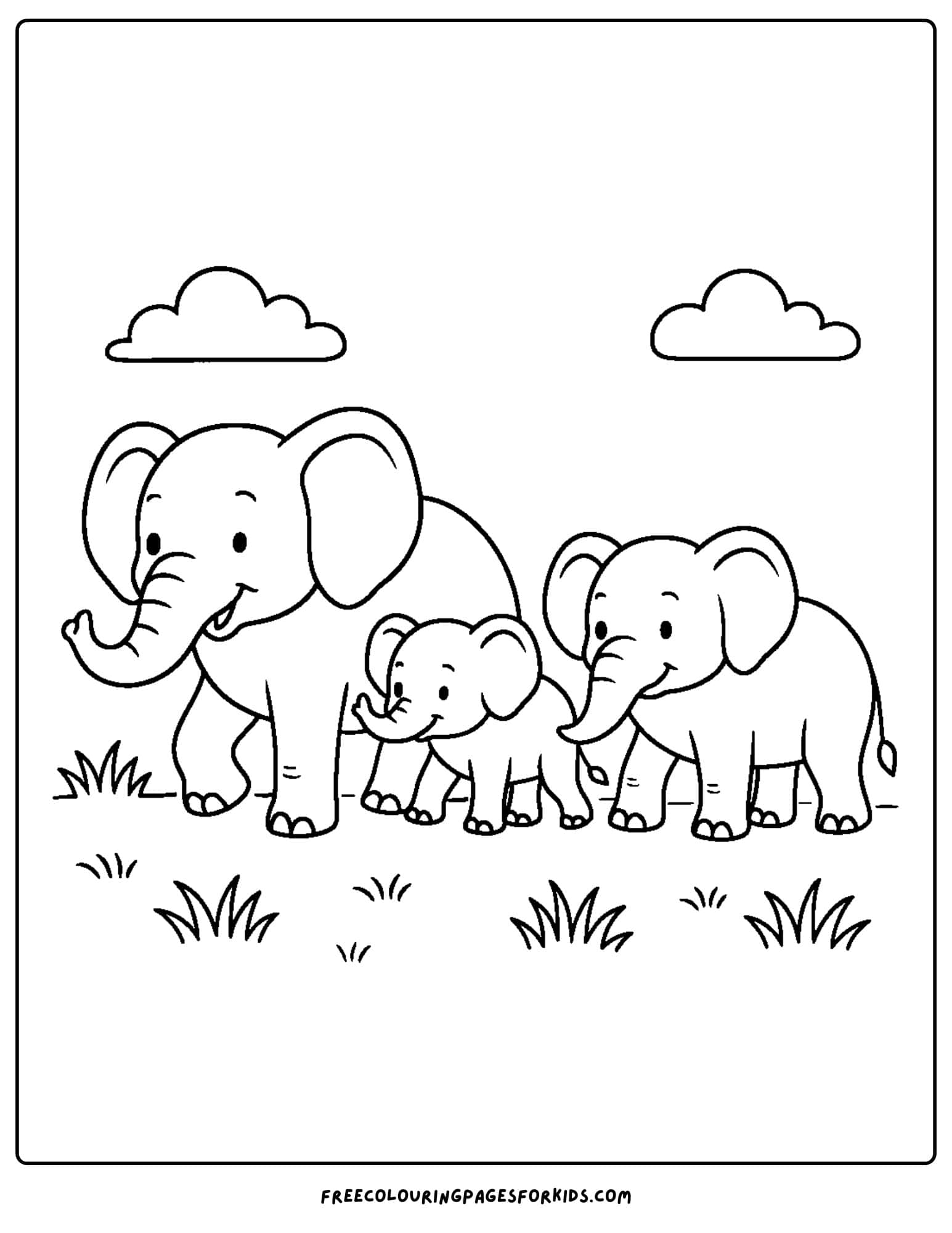 an elephant themed coloring page featuring an elephant family walking the savannah