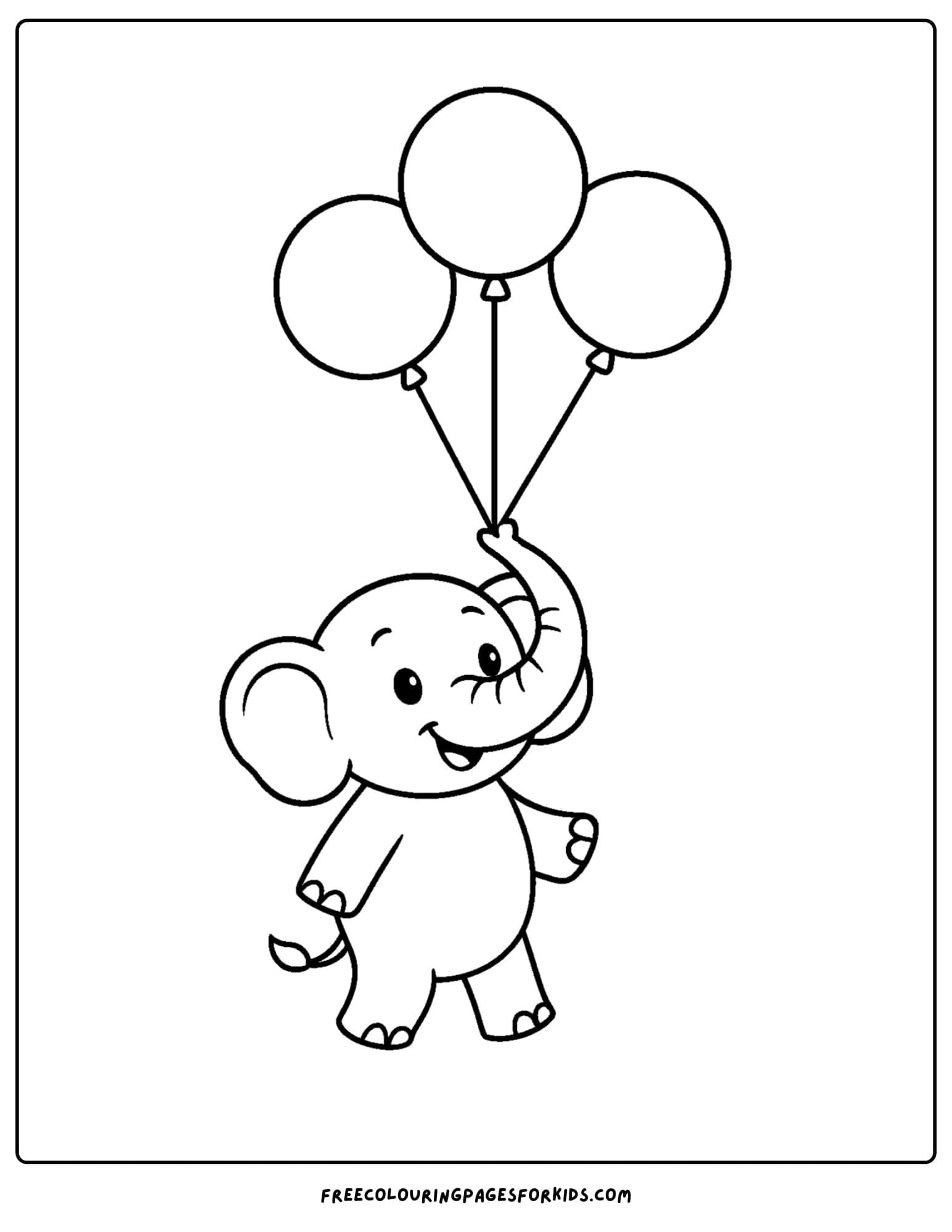 an elephant themed coloring page featuring an elephant holding some balloons