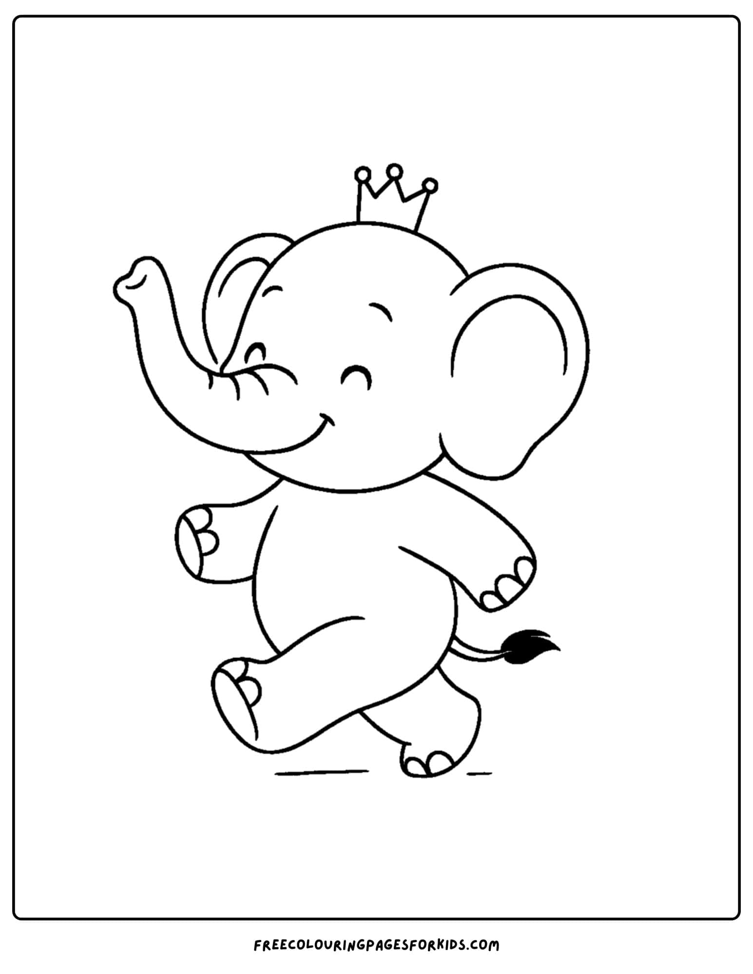 an elephant themed coloring page featuring an elephant marching along with a tiny crown on its head