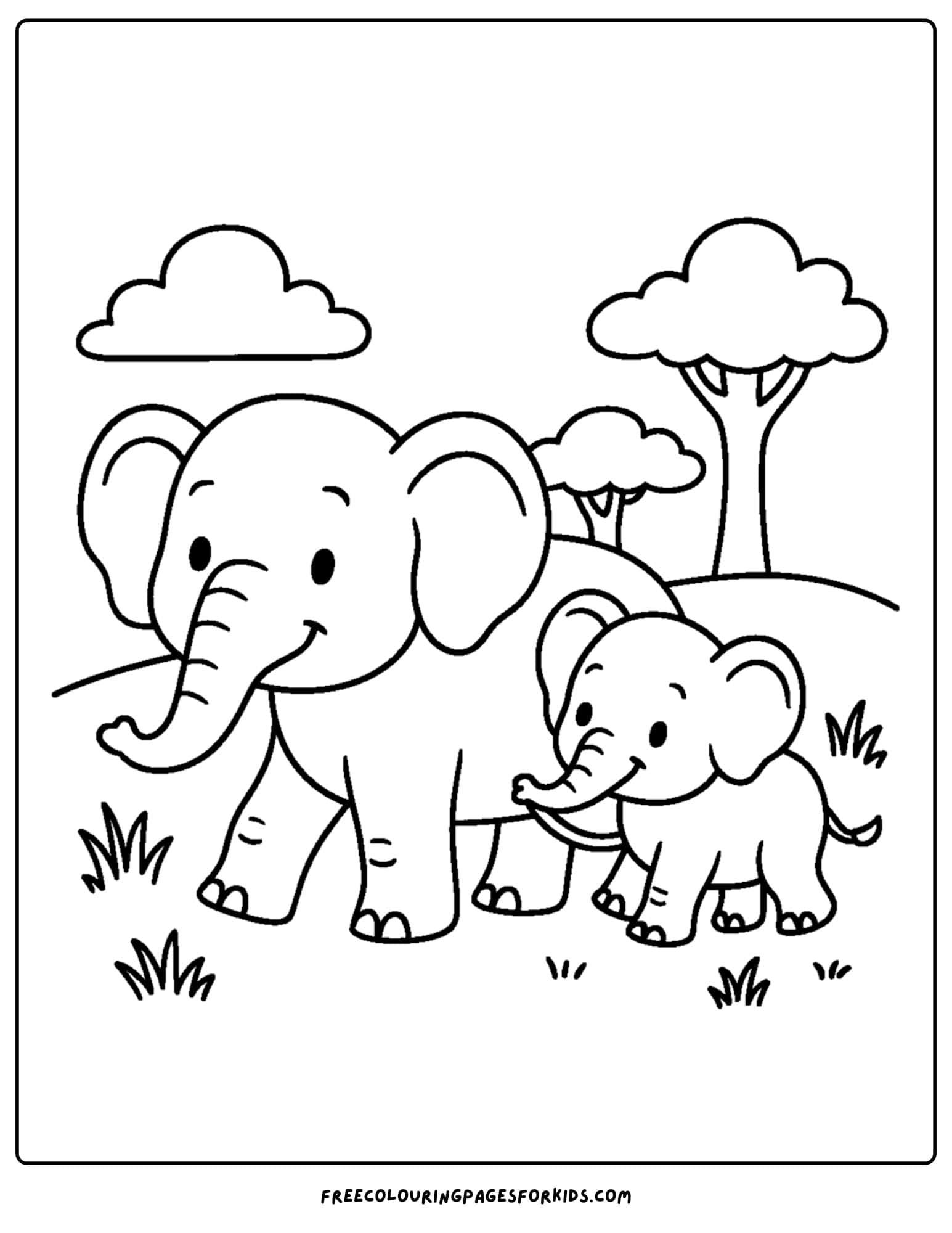 an elephant themed coloring page featuring an elephant mother and its baby walking together