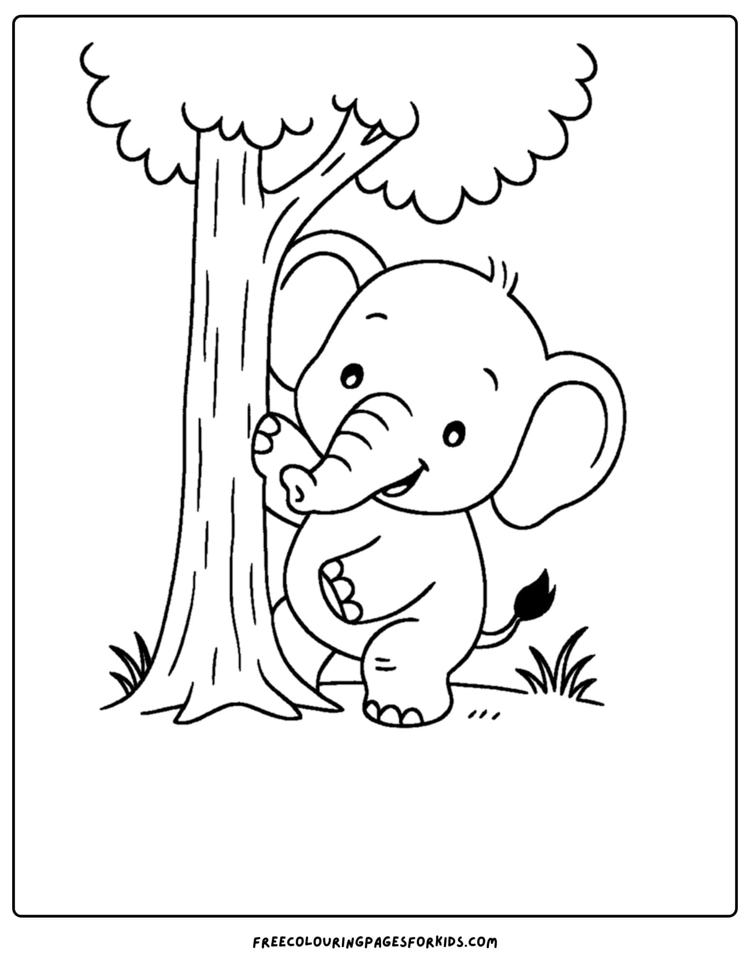 an elephant themed coloring page featuring an elephant peeking from behind a tree