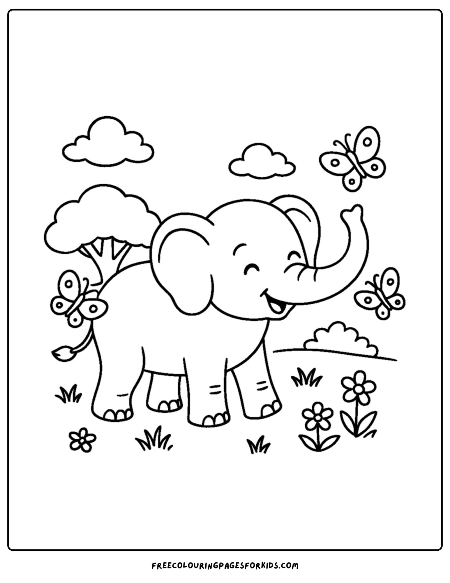 an elephant themed coloring page featuring an elephant playing with butterflies