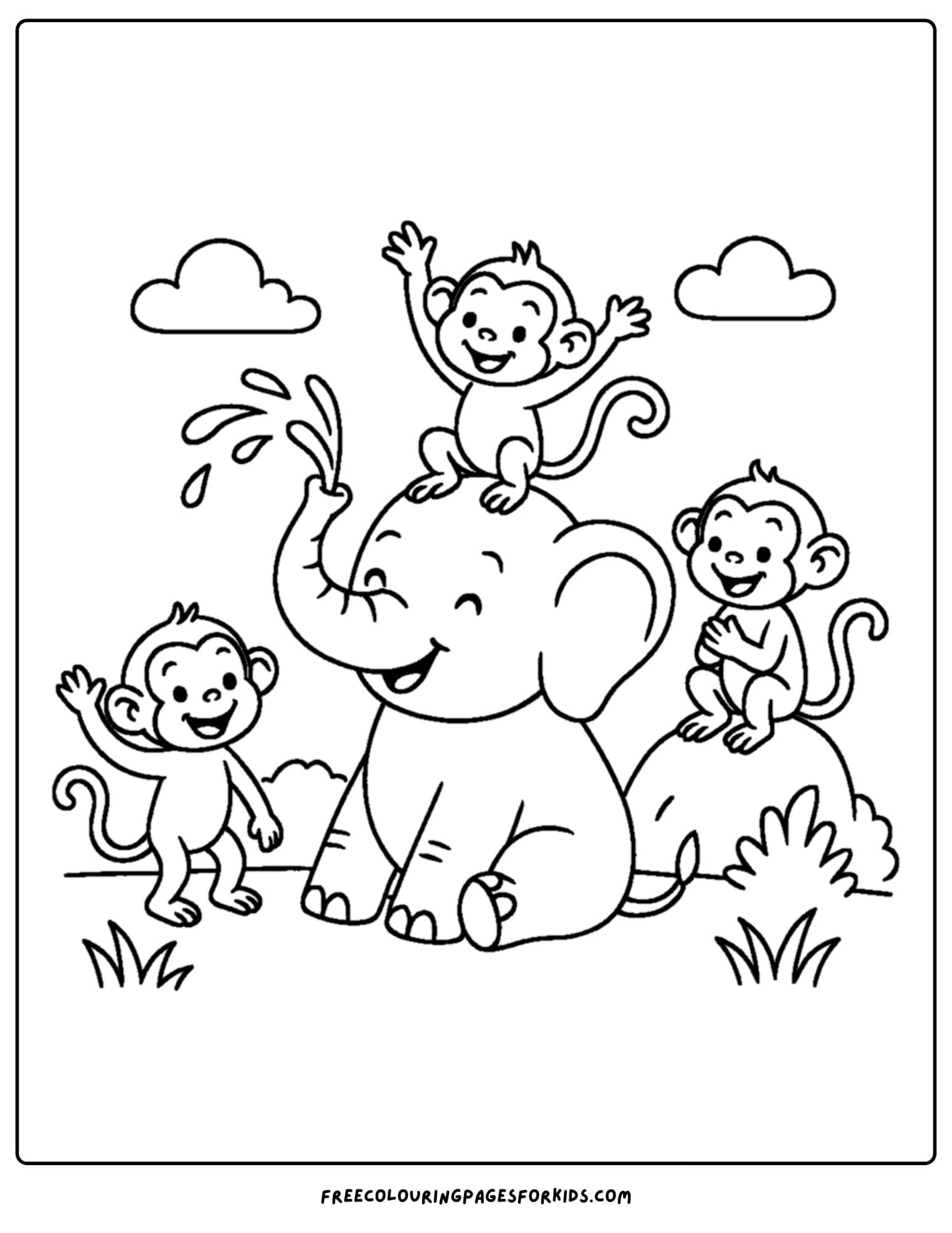 an elephant themed coloring page featuring an elephant playing with monkeys