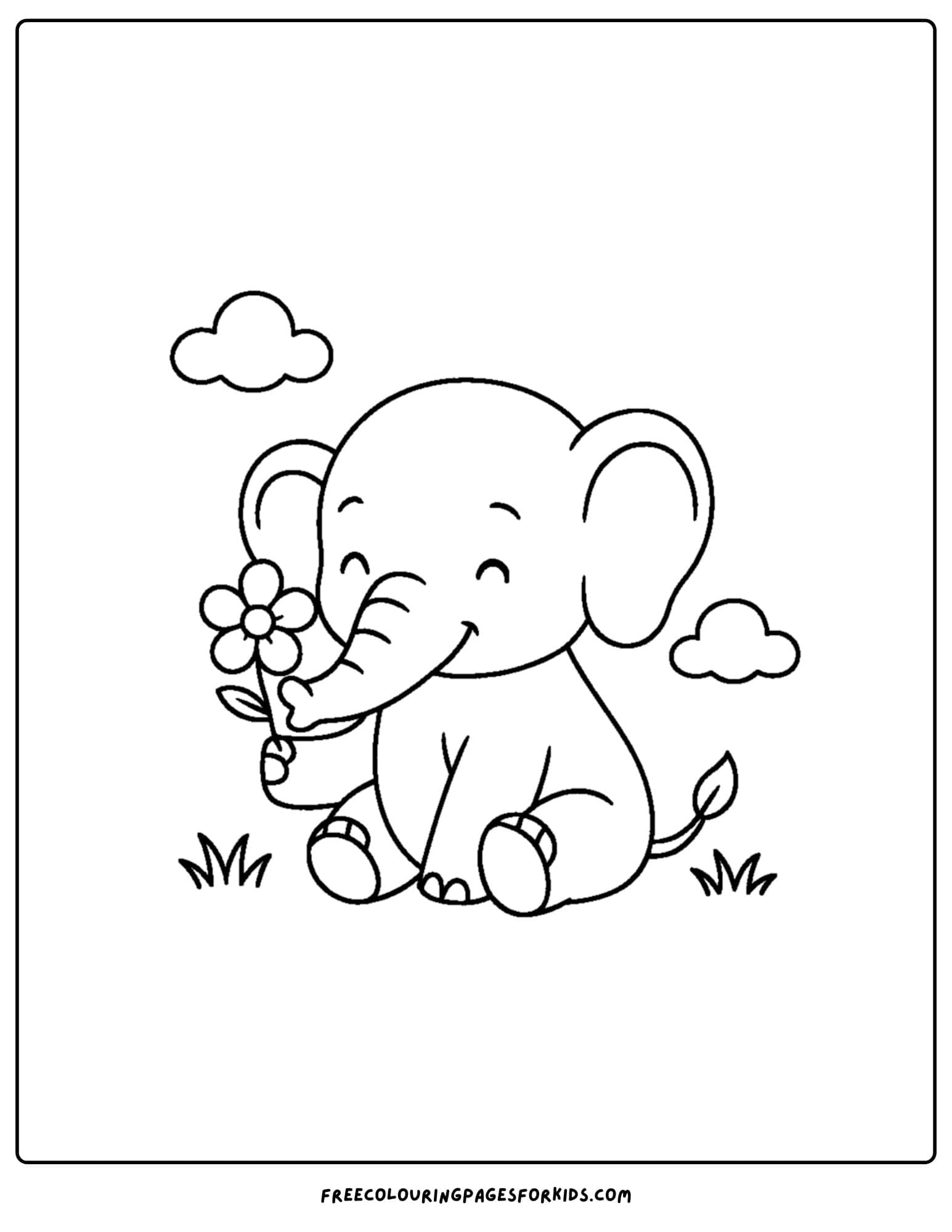 an elephant themed coloring page featuring an elephant sitting and holding a flower in its truck