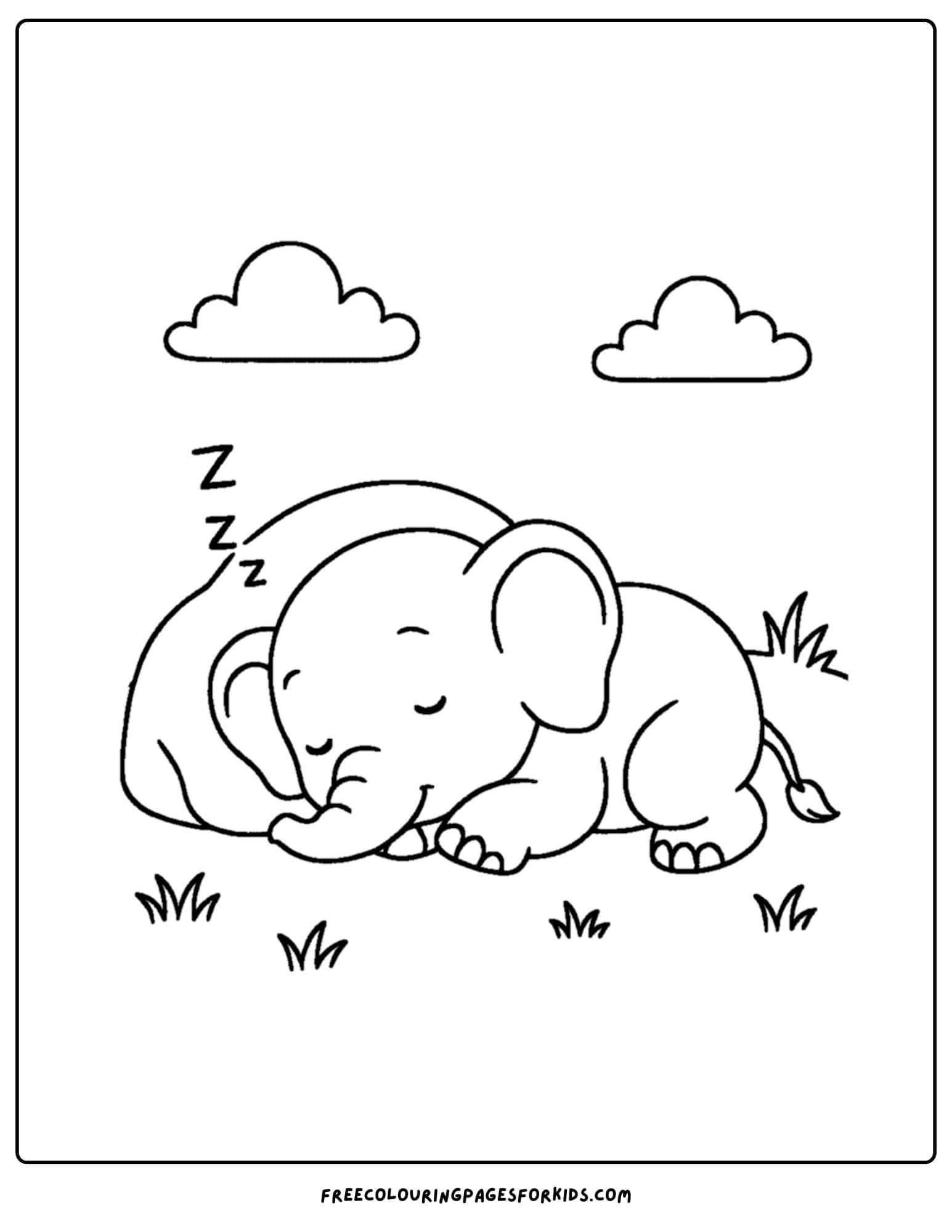 an elephant themed coloring page featuring an elephant sleeping beside a rock