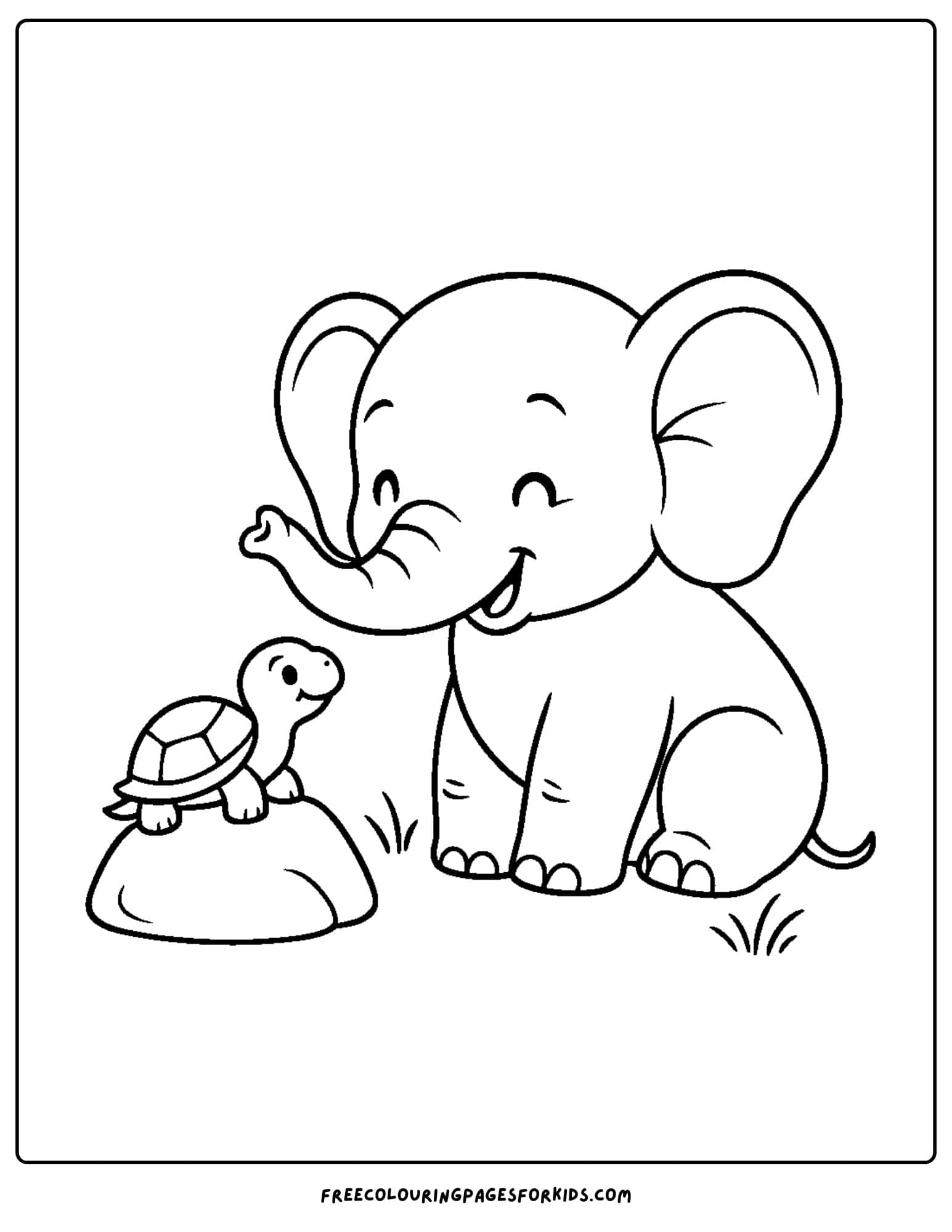 an elephant themed coloring page featuring an elephant smiling at a turlte on a rock