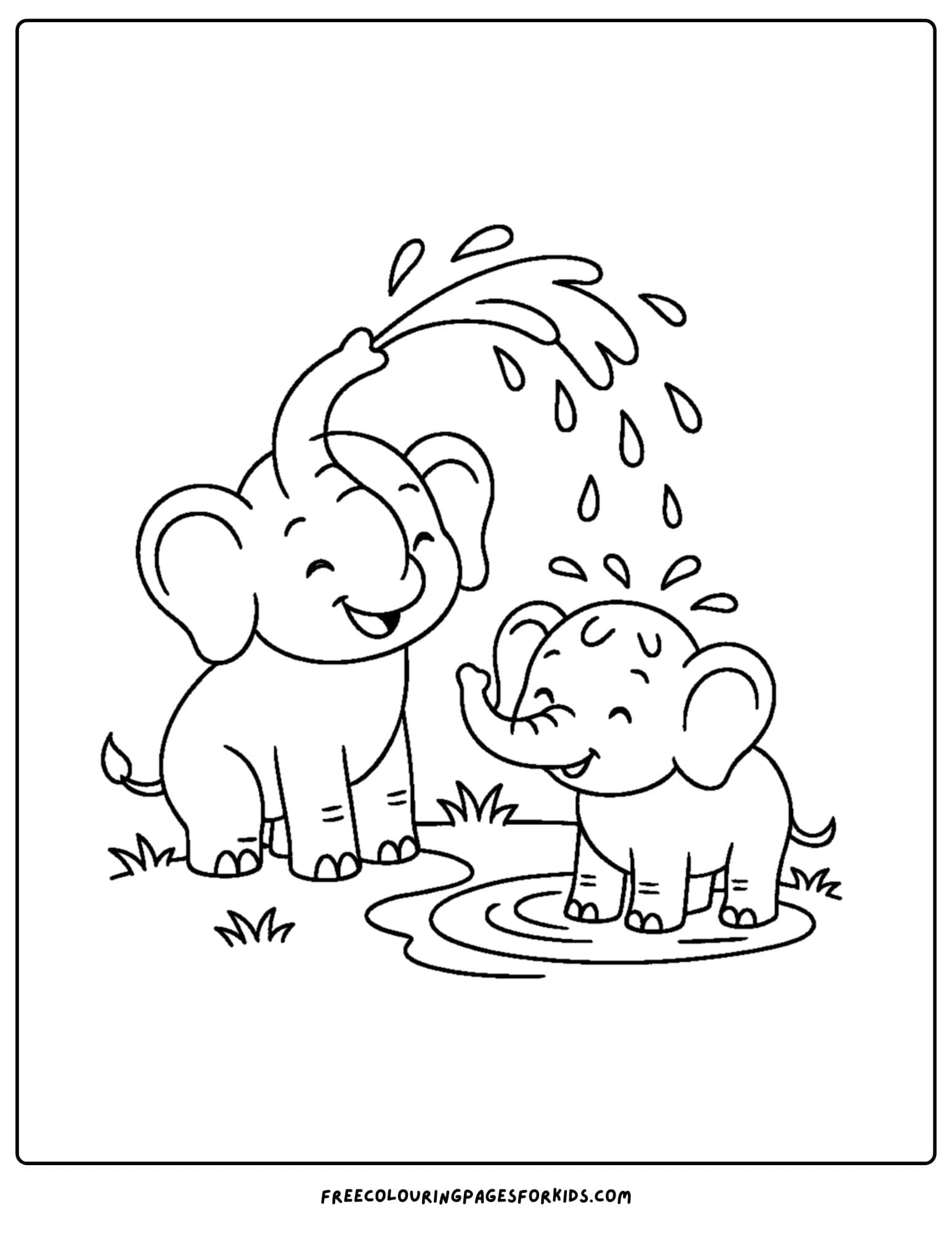 an elephant themed coloring page featuring an elephant splashing water on another elephant