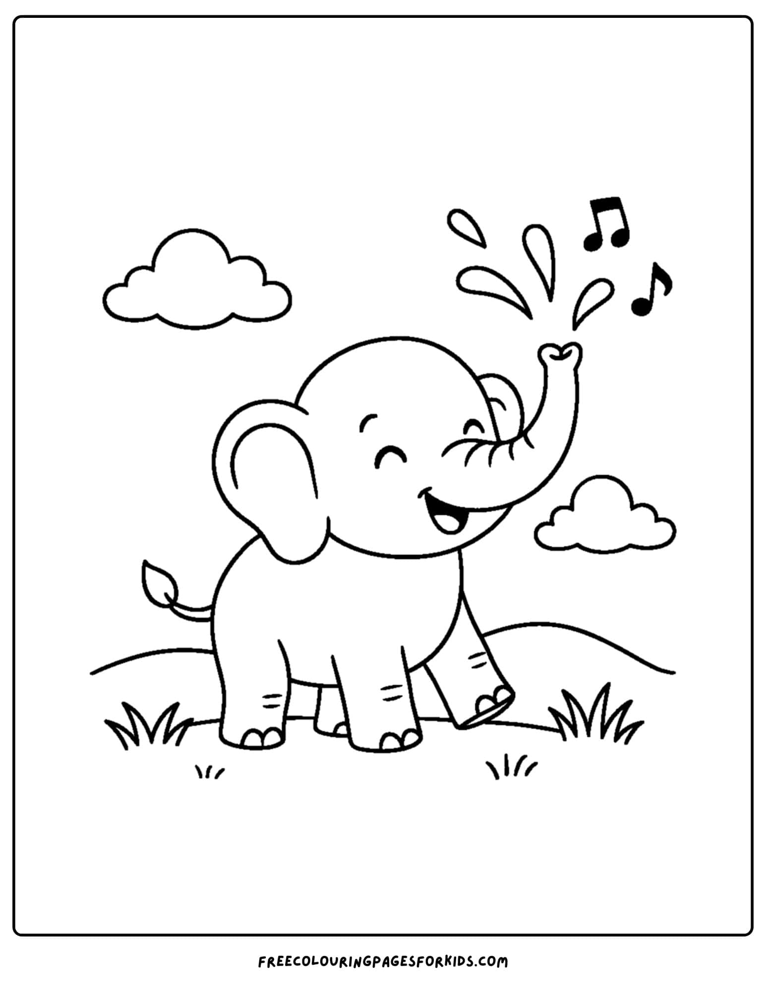 an elephant themed coloring page featuring an elephant trumpeting notes